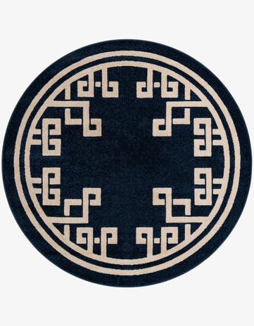 Dark Blue Greek Key Round Rug