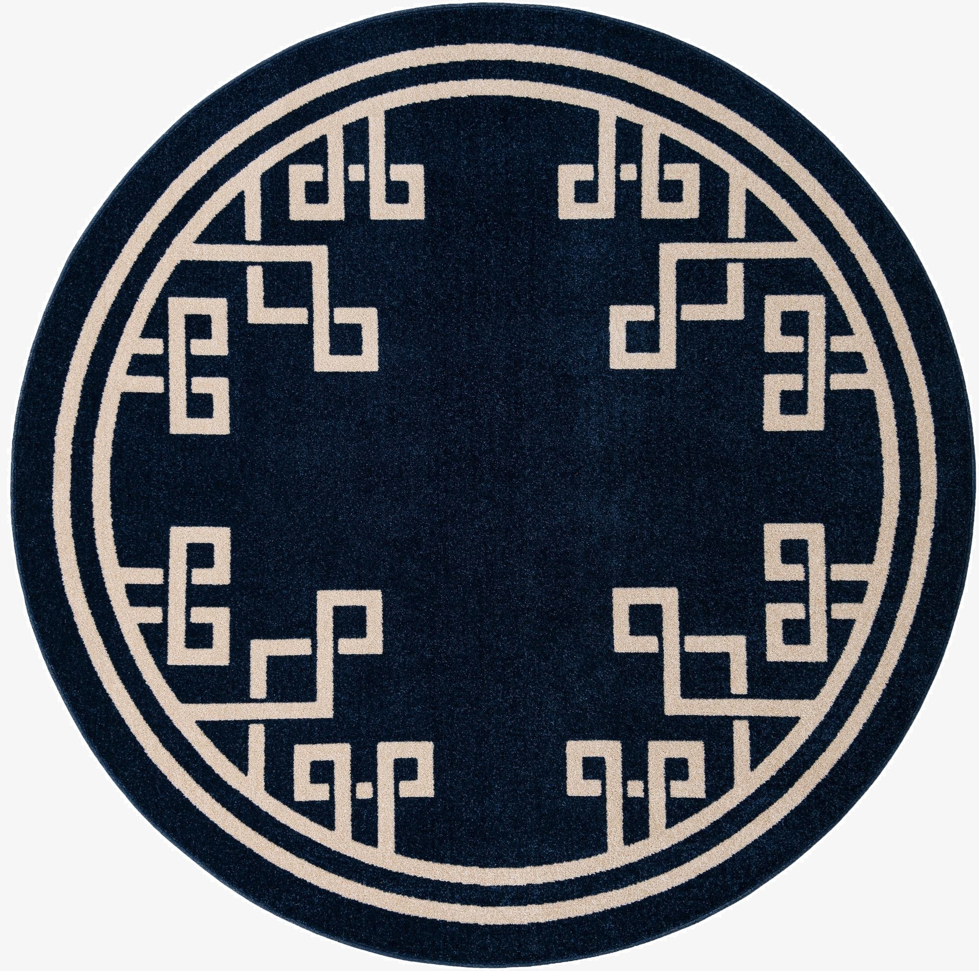 A 7' 10 round blue rug with a cream-colored Mediterranean geometric pattern and border, suitable for indoor spaces.