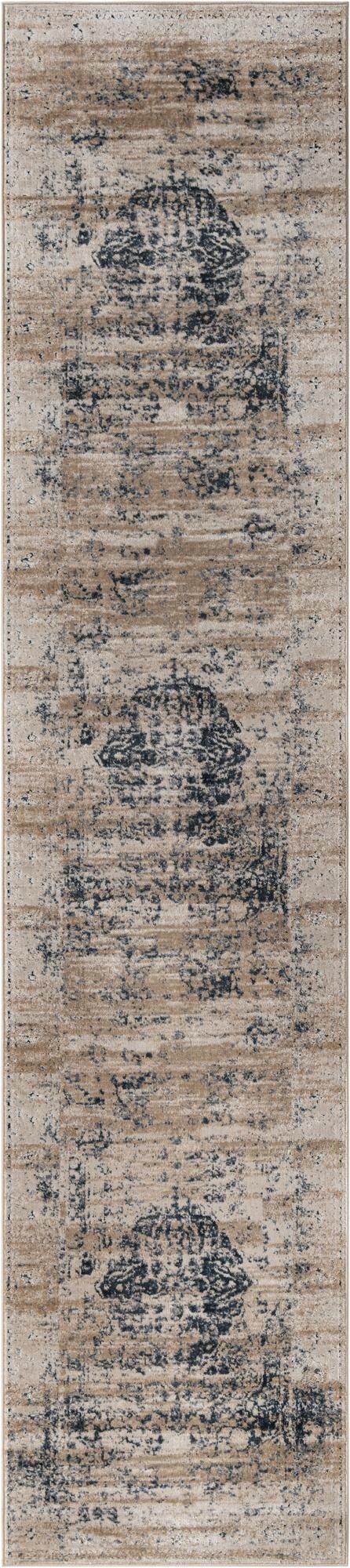 A 12 ft runner rug with a distressed medallion pattern in shades of blue and beige, ideal for a hallway.