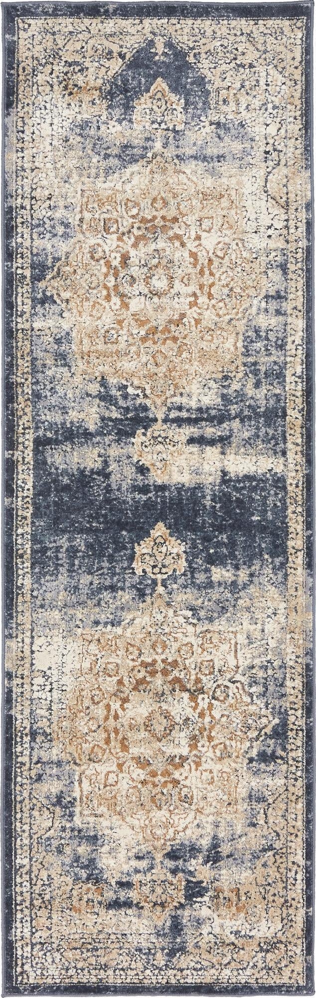 A 7 ft runner rug in shades of blue and beige with a distressed traditional medallion pattern, ideal for a hallway.