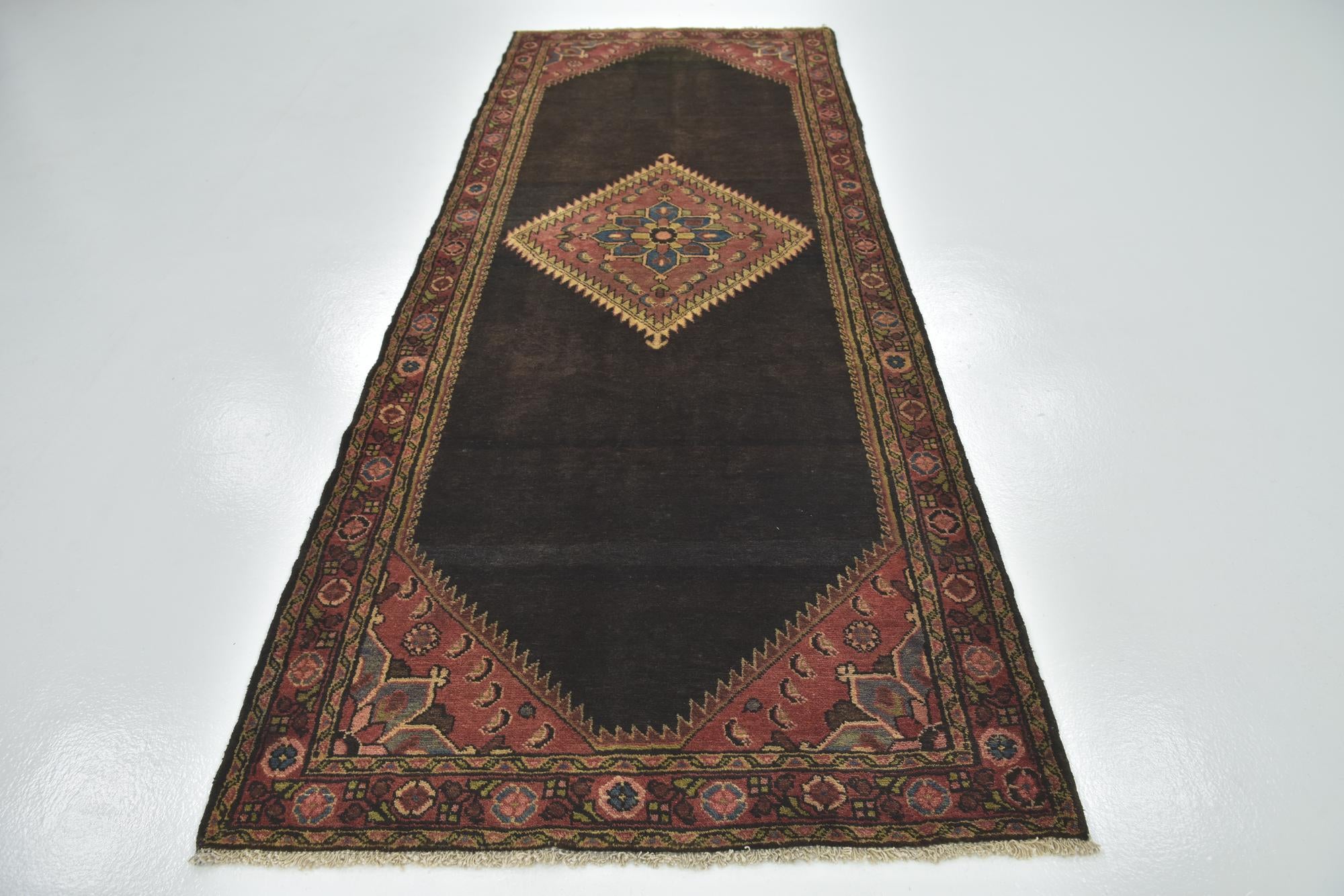4' x 10' 9 Hand Knotted Hossainabad Persian Wool Runner Rug