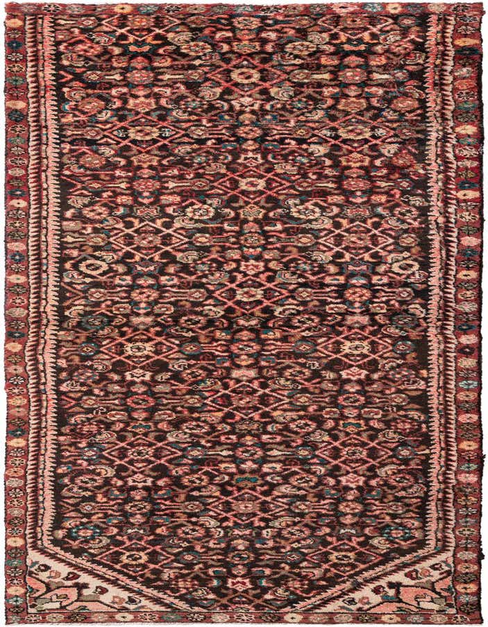 A 9 ft runner rug in shades of brown and tan, featuring a detailed Persian-style floral and geometric pattern.