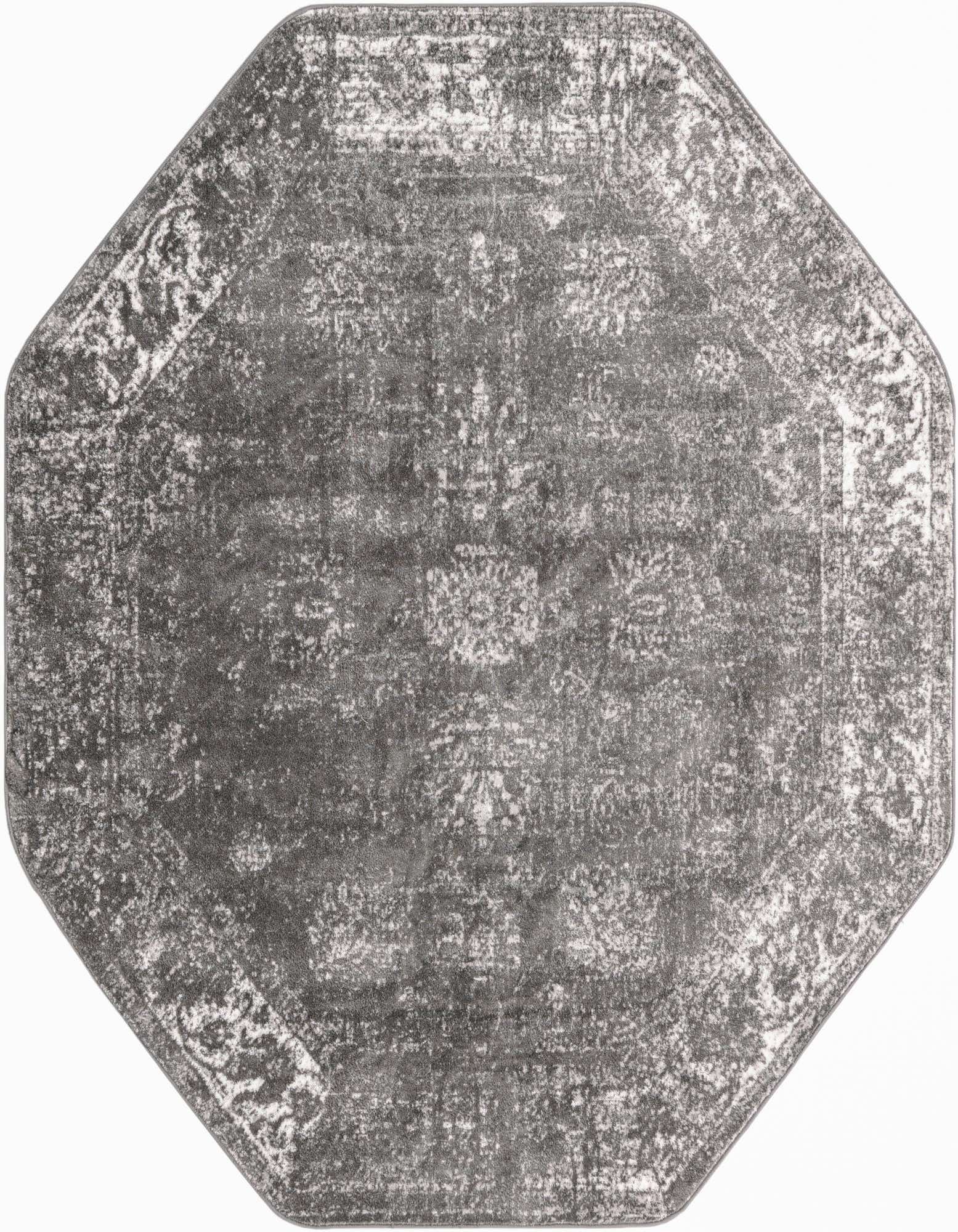 An octagon-shaped gray and silver area rug featuring a distressed traditional medallion pattern, ideal for an indoor living space.