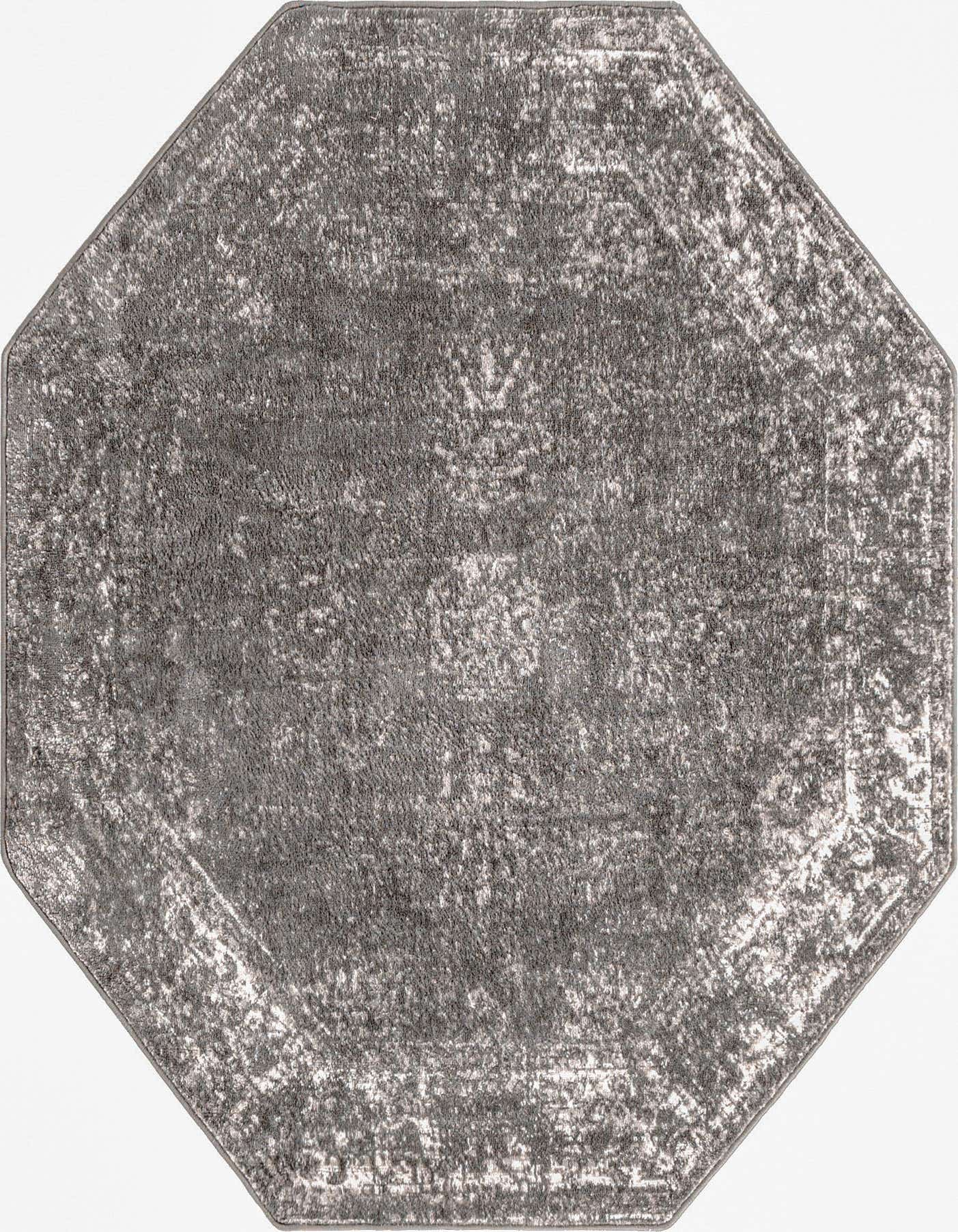 Octagon-shaped gray and silver rug with a distressed Bohemian medallion pattern, suitable for various indoor rooms.
