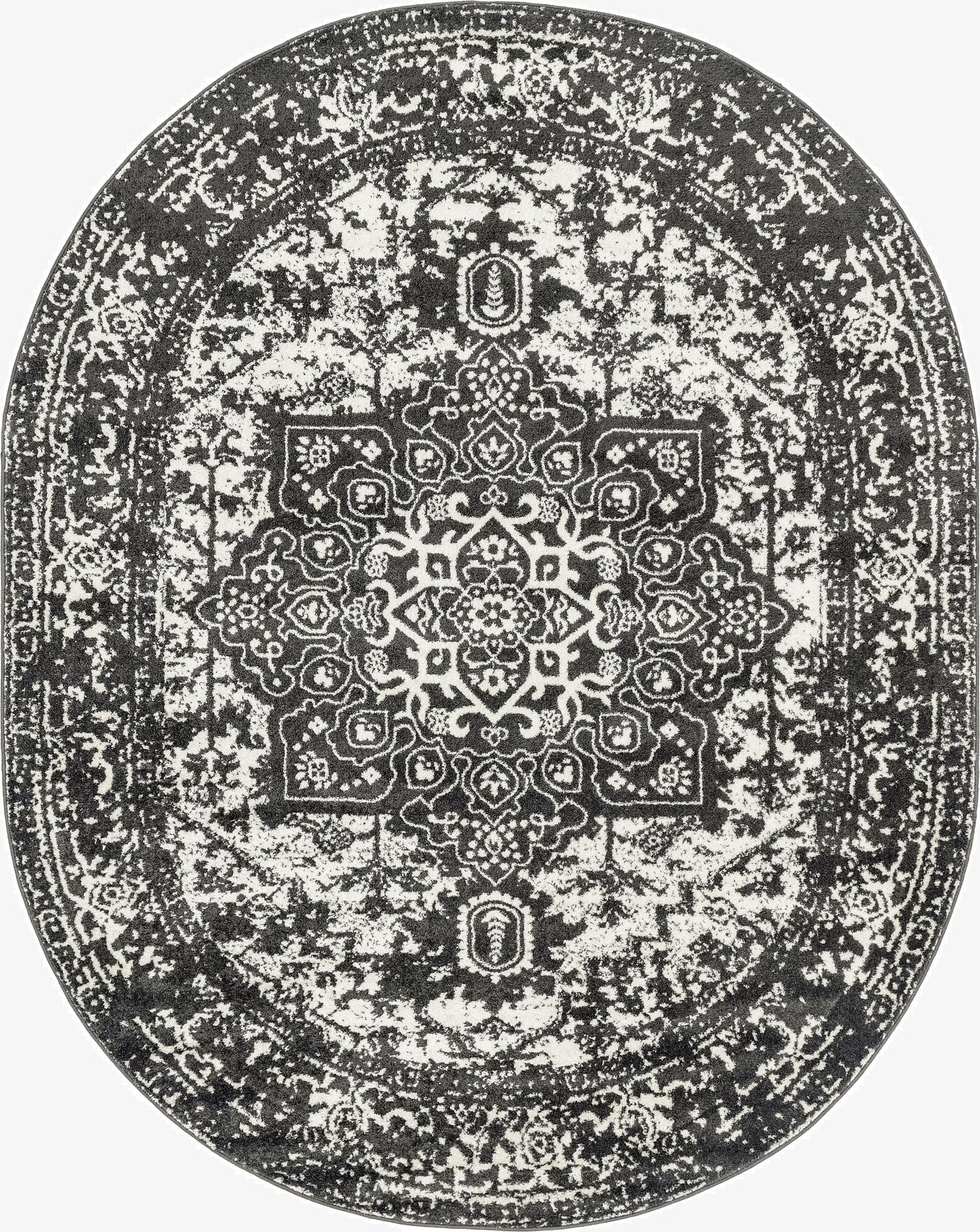 An oval 7'10" x 10'0" gray and white distressed traditional medallion area rug with a thin pile.