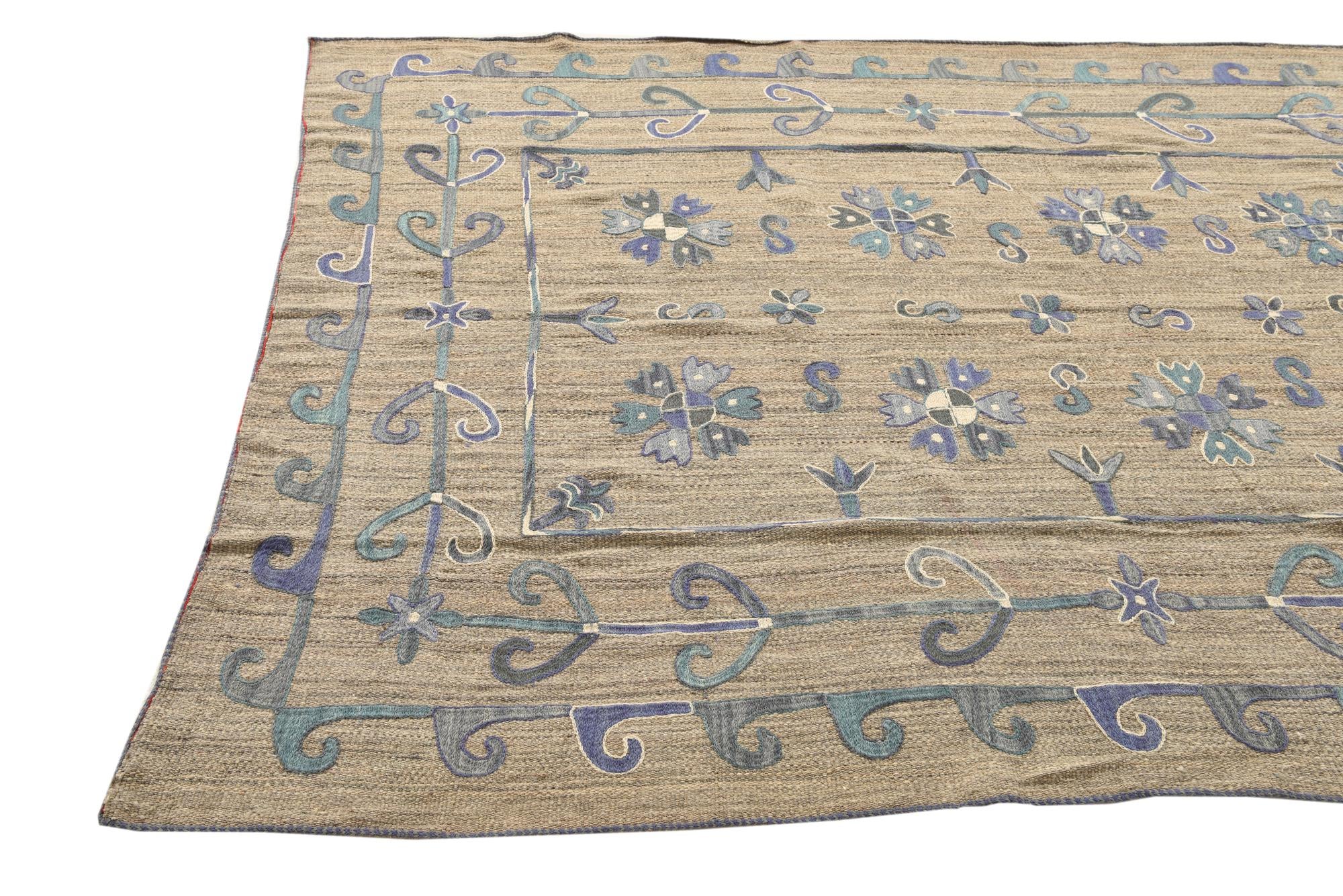 5' 10 x 7' 8 Hand Woven Kilim Suzani Wool Rug