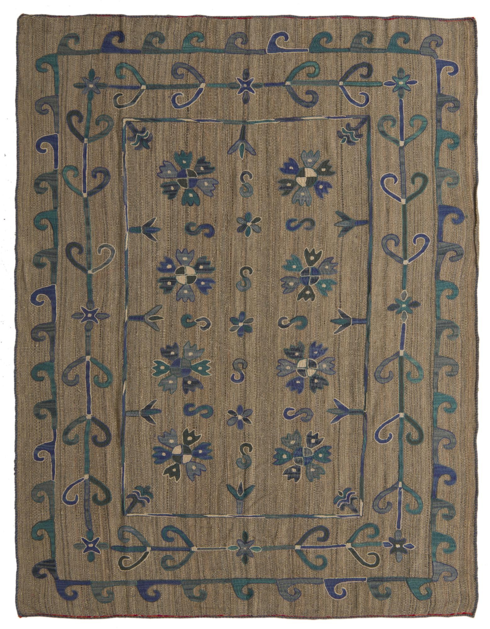 5' 10 x 7' 8 Hand Woven Kilim Suzani Wool Rug