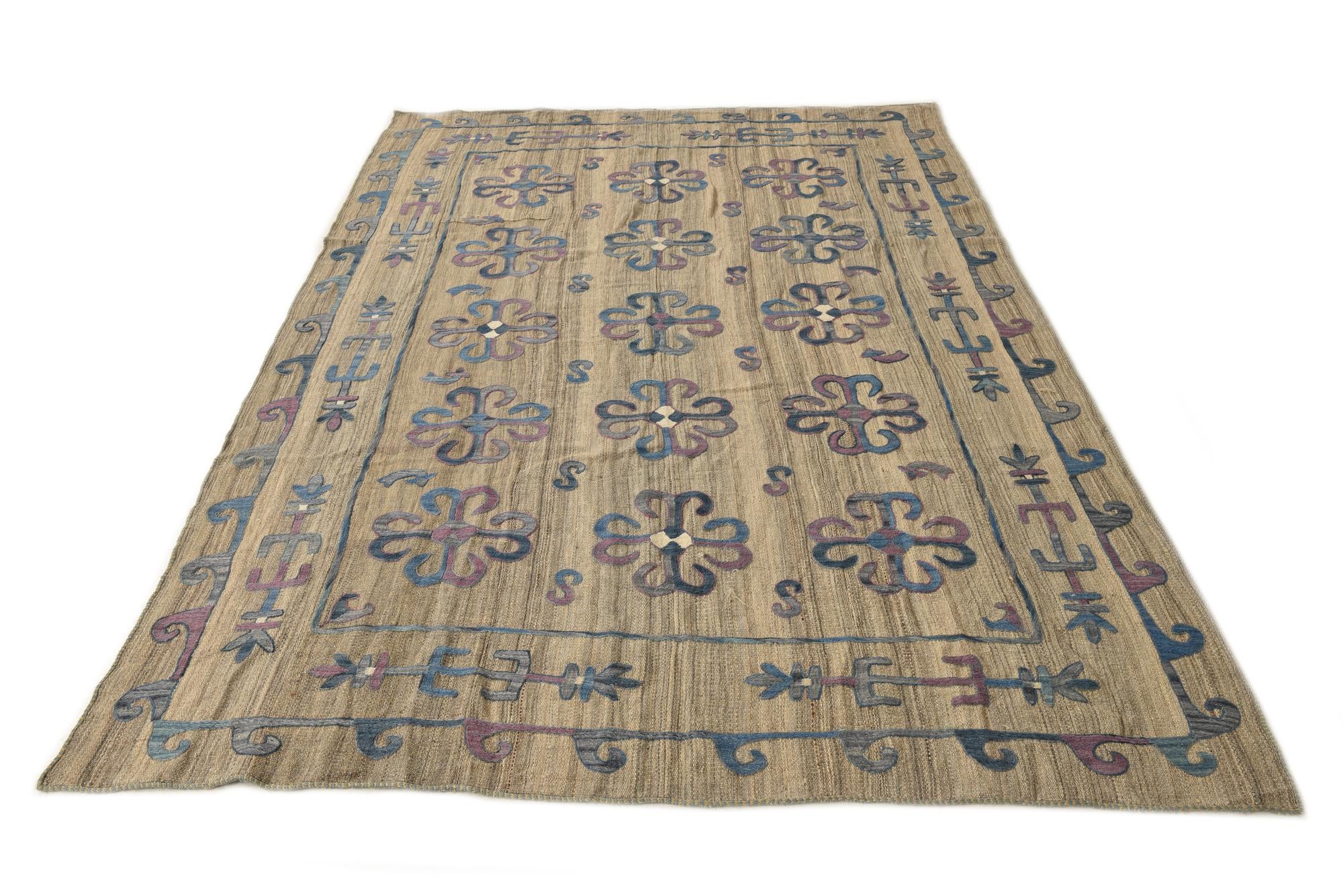 6' 5 x 9' 3 Hand Woven Kilim Suzani Wool Rug