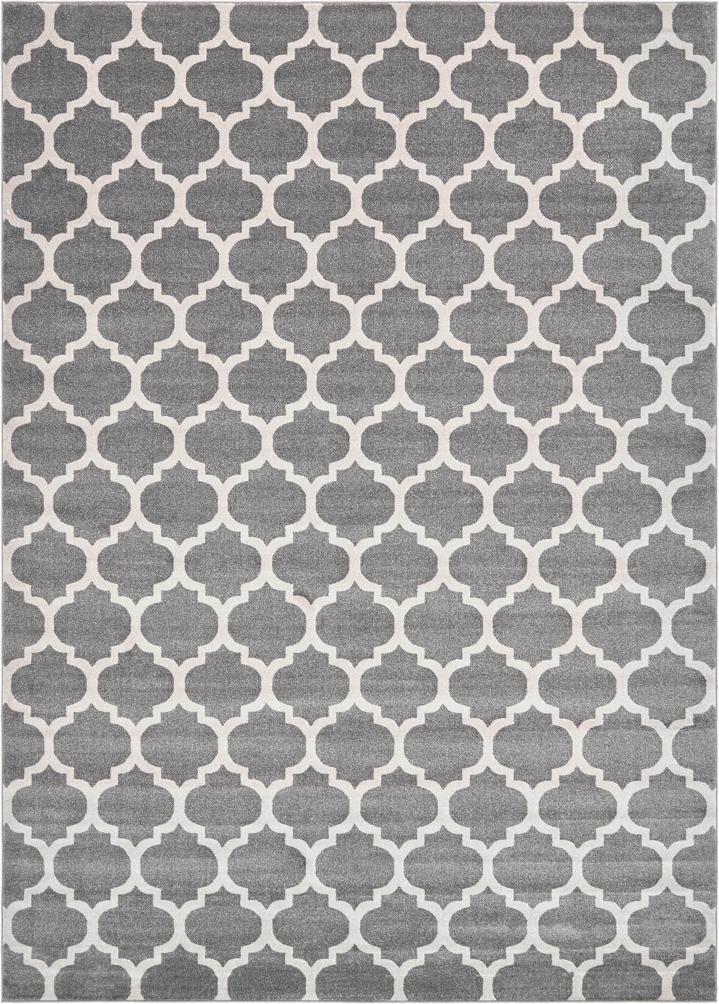 A 10x14 rectangular gray area rug with a repeating white modern trellis pattern, suitable for a living room.
