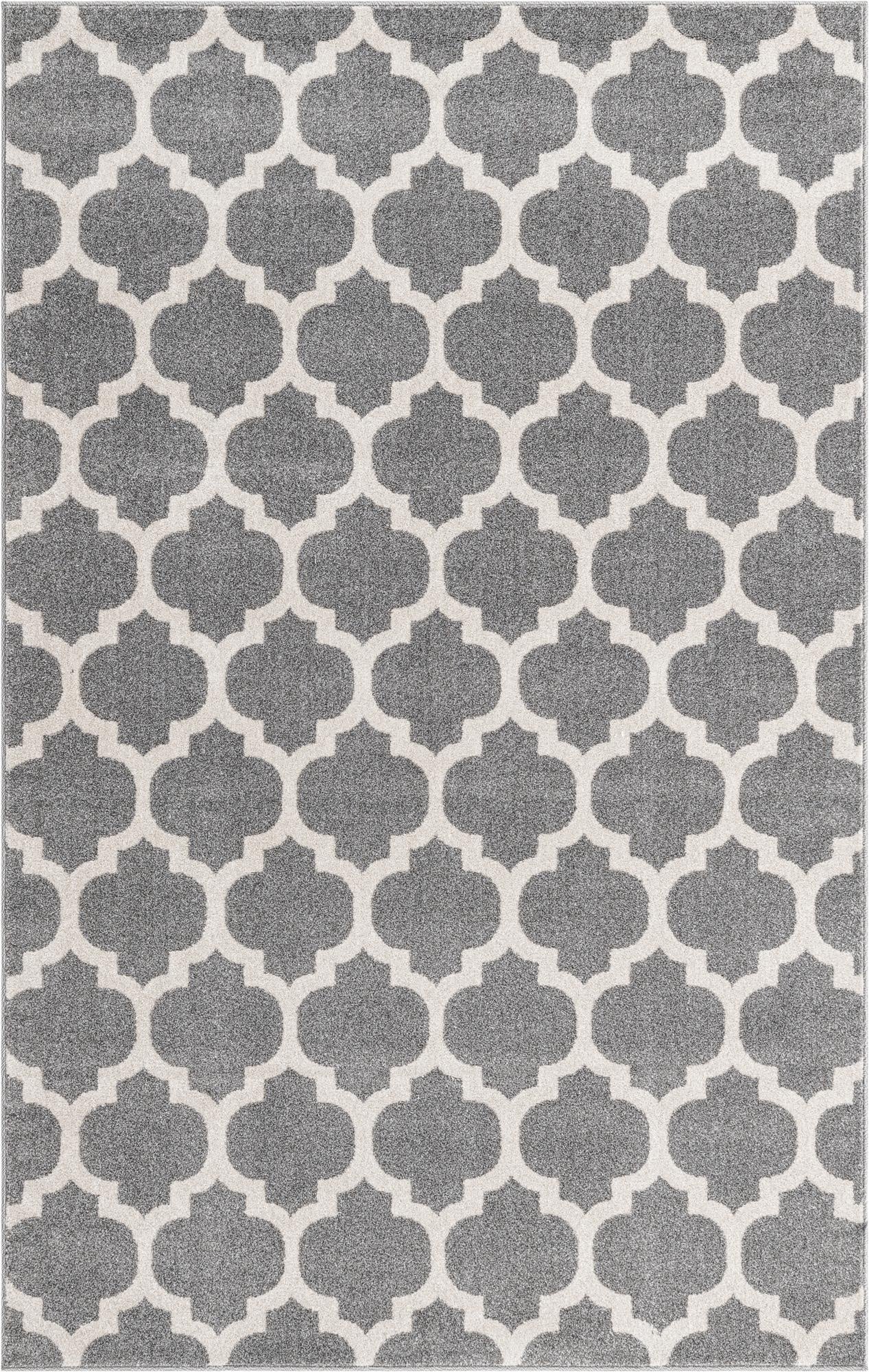 A 5x8 rectangular gray area rug with a repeating white modern trellis pattern, suitable for a living room or bedroom.