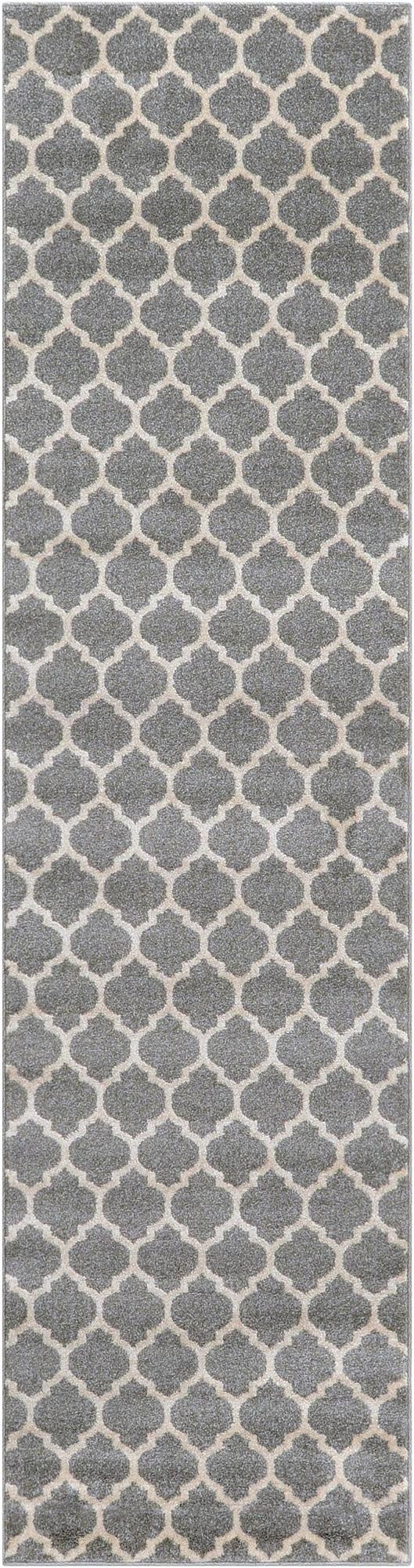 A 10 ft runner rug featuring a modern gray trellis pattern over a light beige background, ideal for hallways.