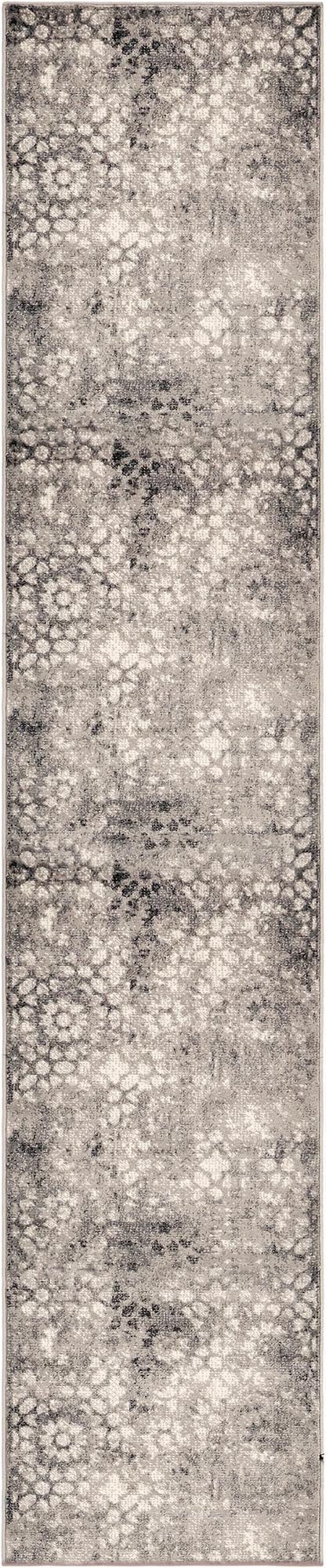 A 16 ft gray runner rug with an abstract bohemian floral pattern, ideal for hallways.