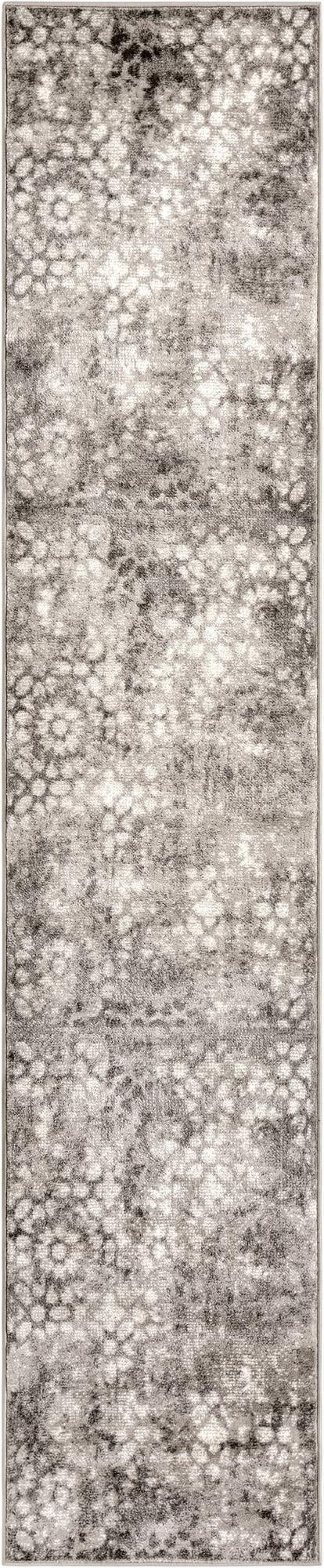 A 10 ft runner rug in shades of gray and silver featuring a distressed bohemian floral pattern, ideal for a hallway.