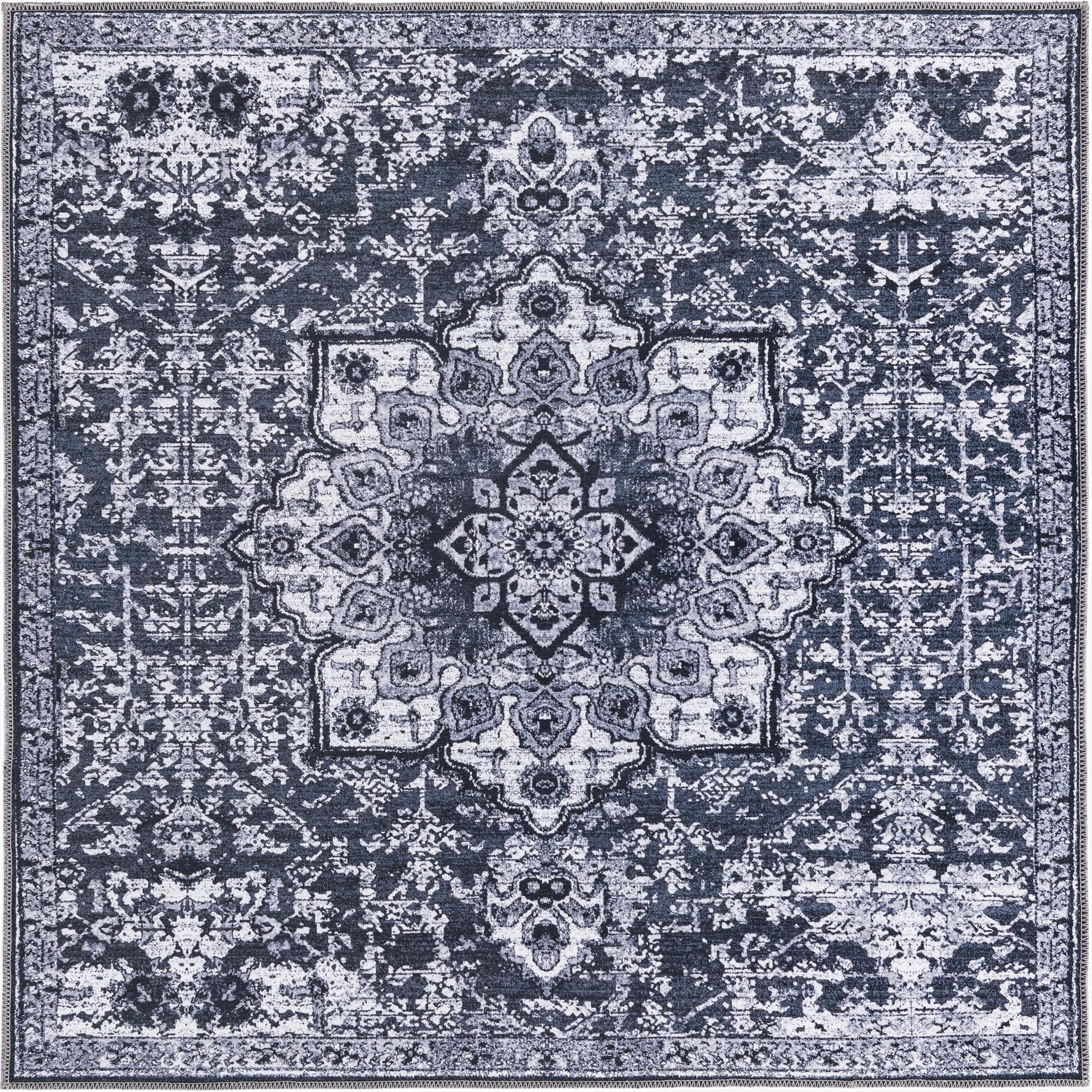 A 5' 3 x 5' 3 square gray traditional rug with a distressed vintage medallion pattern, suitable for a living room or patio.