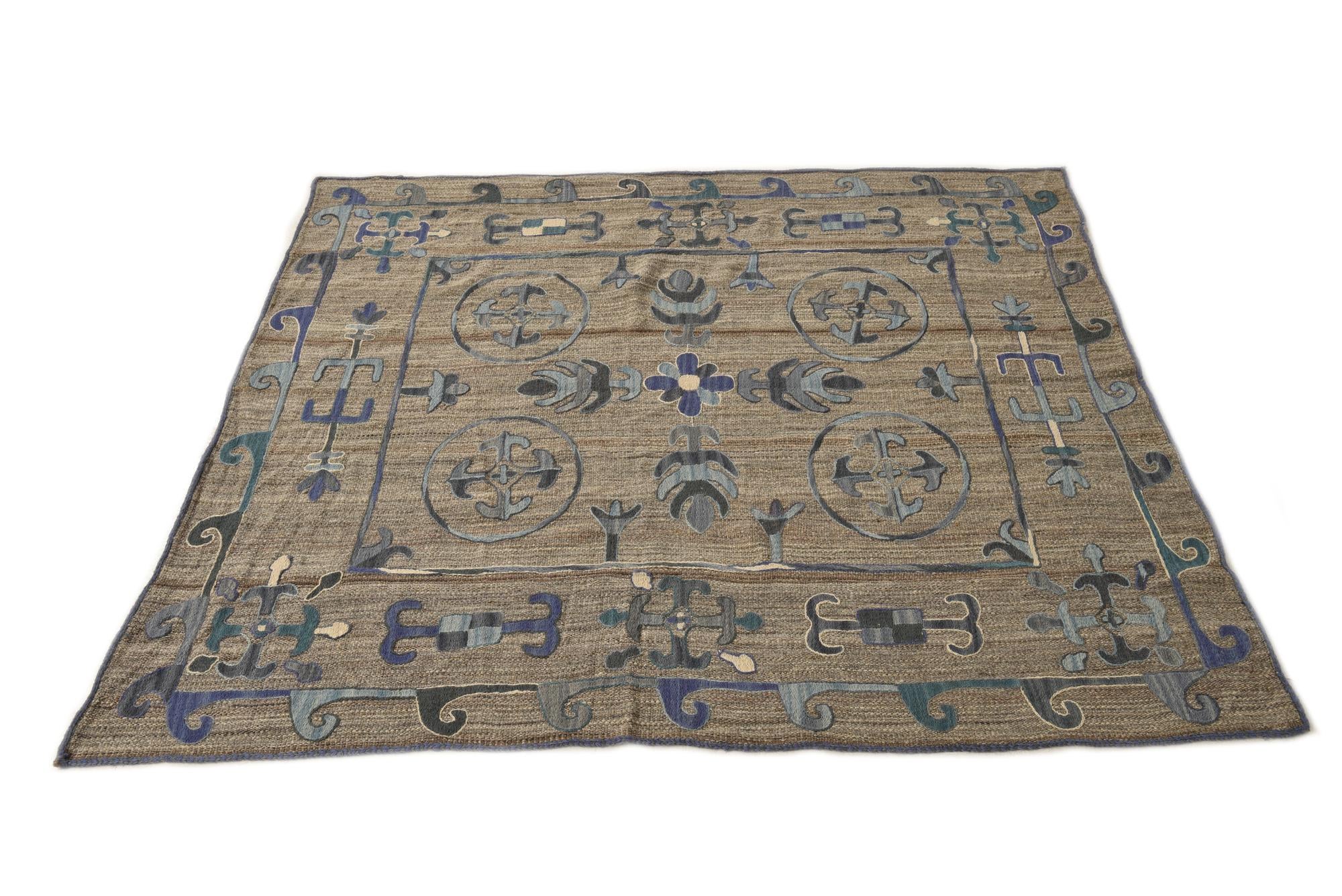 5' 4 x 5' 7 Hand Woven Kilim Suzani Wool Square Rug