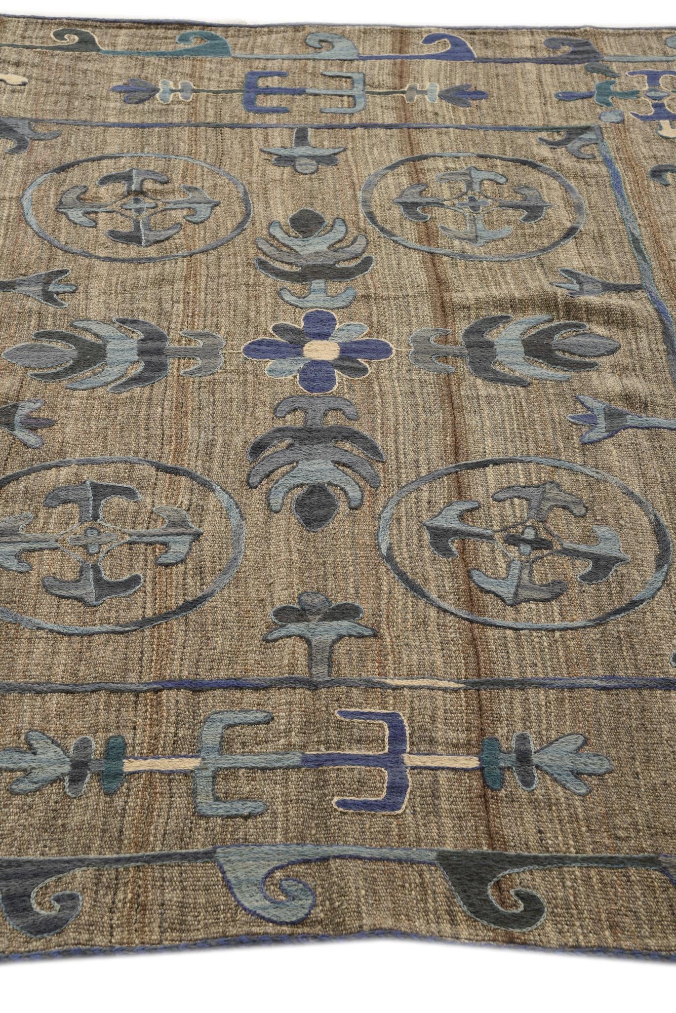 5' 4 x 5' 7 Hand Woven Kilim Suzani Wool Square Rug