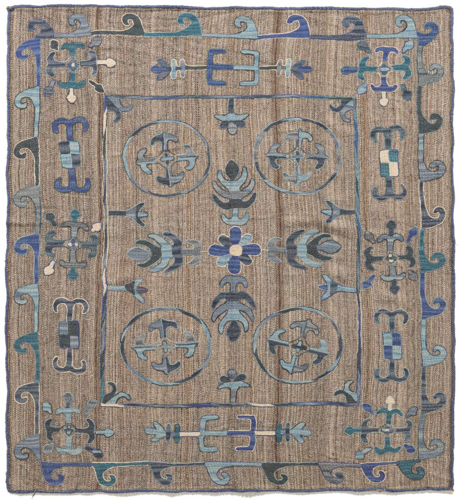 5' 4 x 5' 7 Hand Woven Kilim Suzani Wool Square Rug