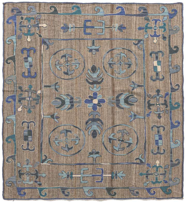 5' 4 x 5' 7 Hand Woven Kilim Suzani Wool Square Rug