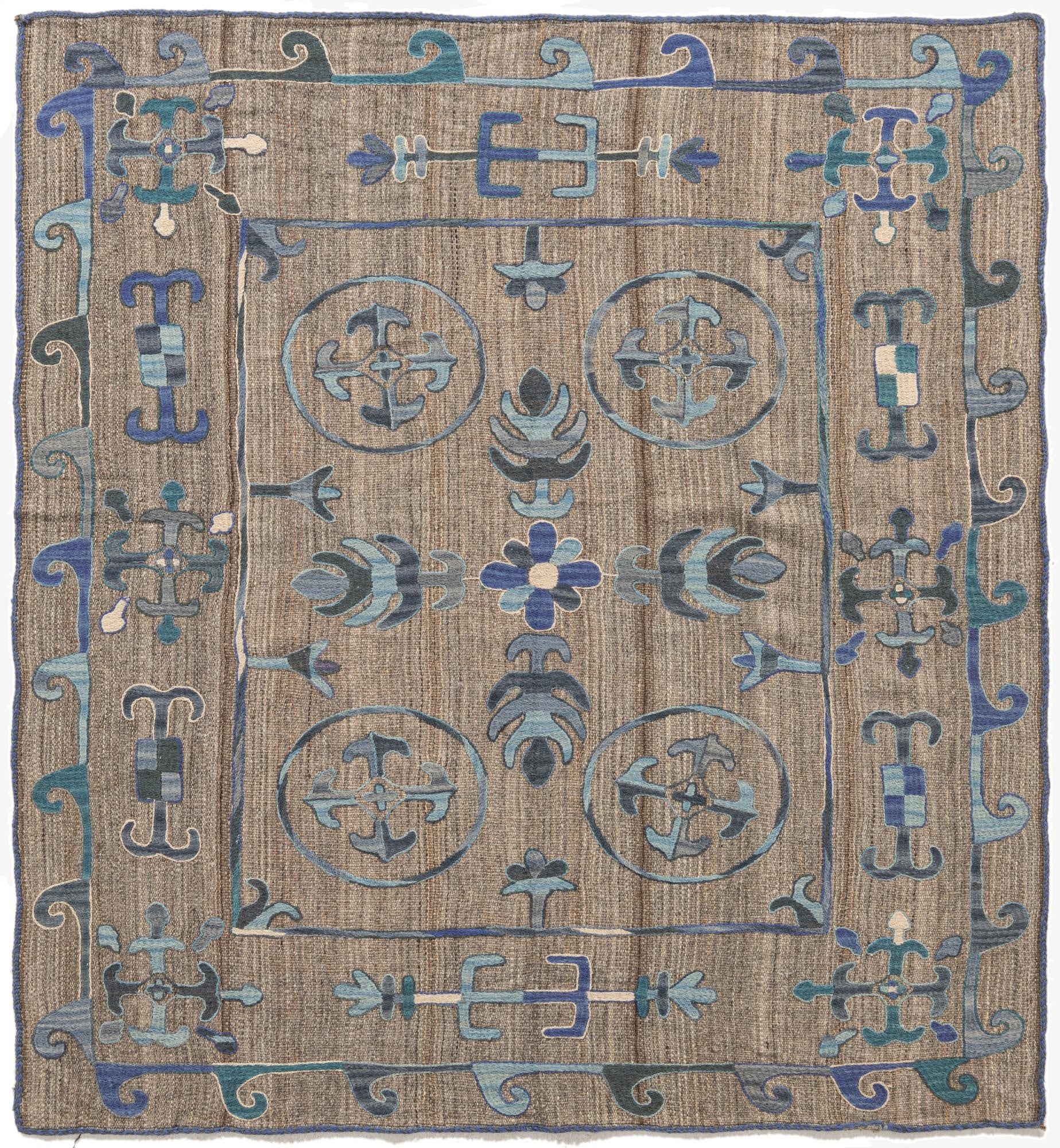 5' 4 x 5' 7  Hand Woven Kilim Suzani Wool Square Rug