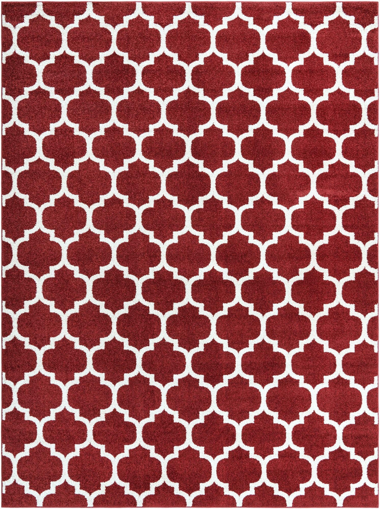 A 9x12 rectangular modern area rug featuring a repeating white trellis pattern on a rich red background, suitable for a living room.