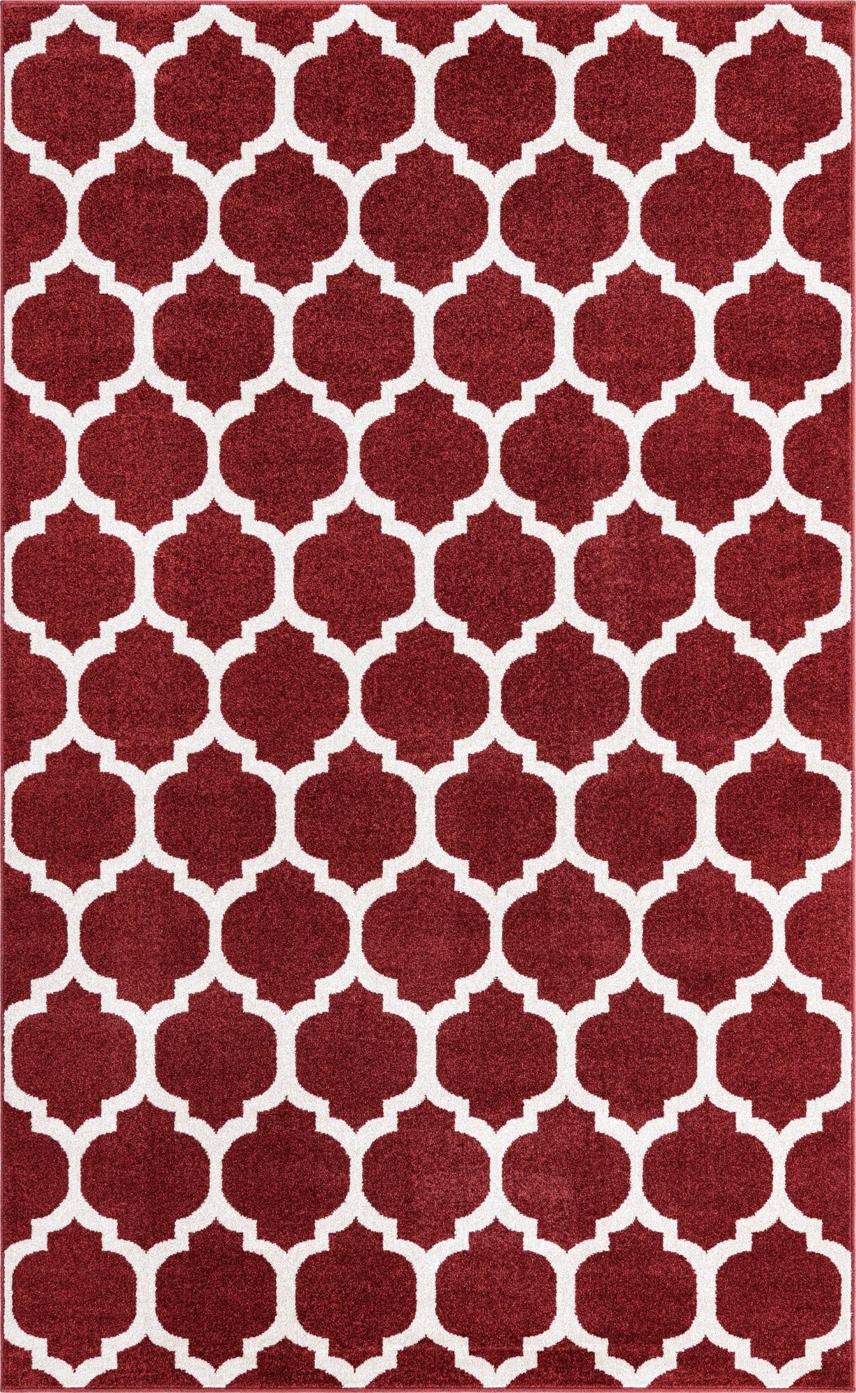 A 5x8 rectangular indoor rug featuring a bold modern trellis pattern in deep red and white, suitable for a living room.