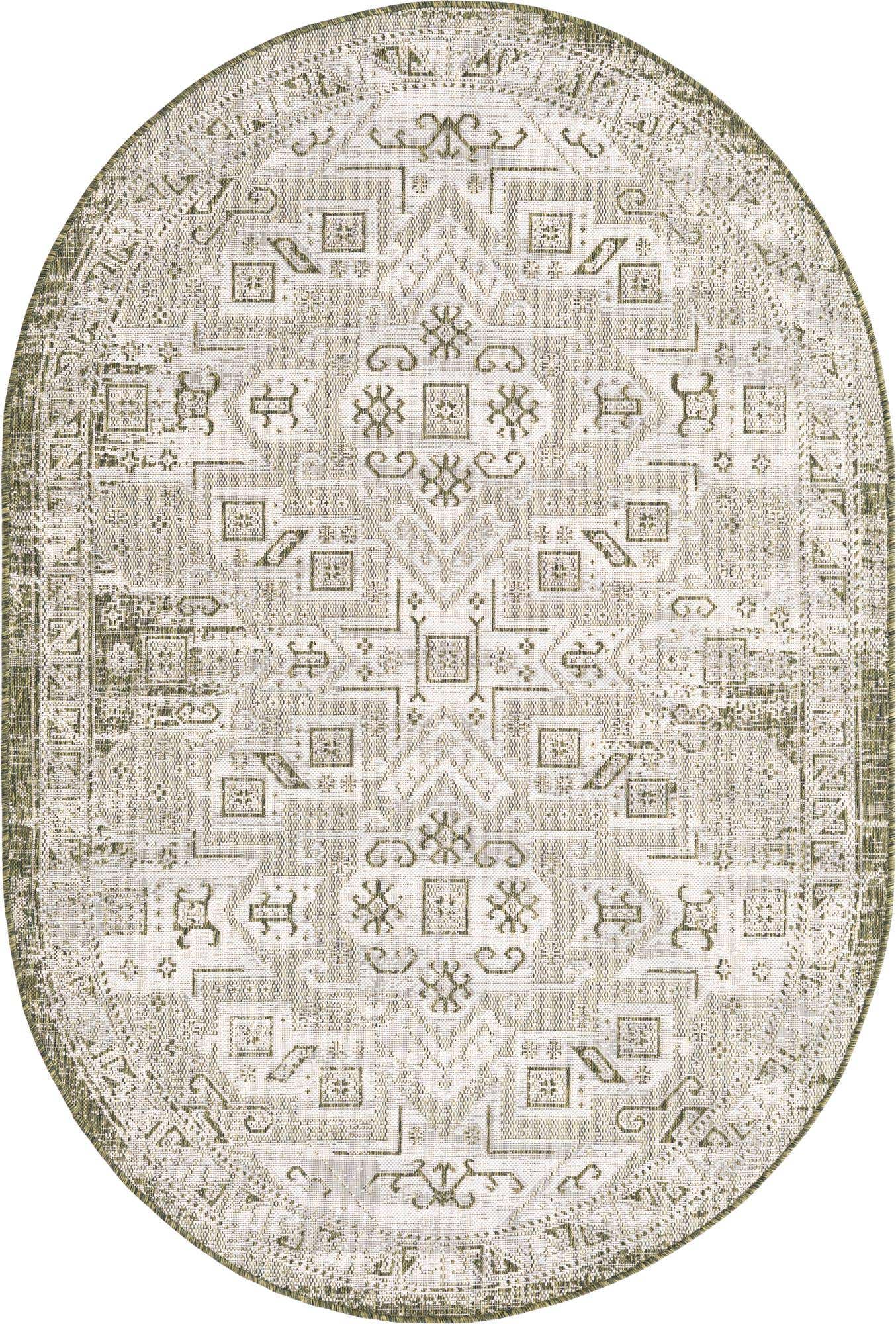 5' 3 x 8' Estuary · Geometric medallion Outdoor Rug, green and ivory