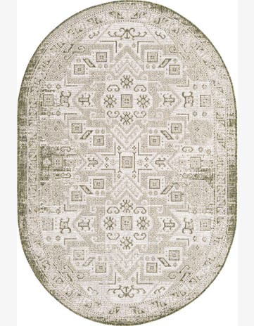 5' 3 x 8' Estuary · Geometric medallion Outdoor Rug, green and ivory