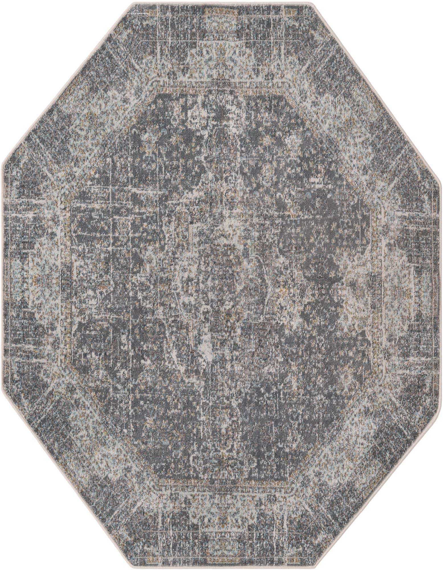 Octagon-shaped gray and silver transitional rug with a distressed medallion pattern, suitable for various indoor spaces.