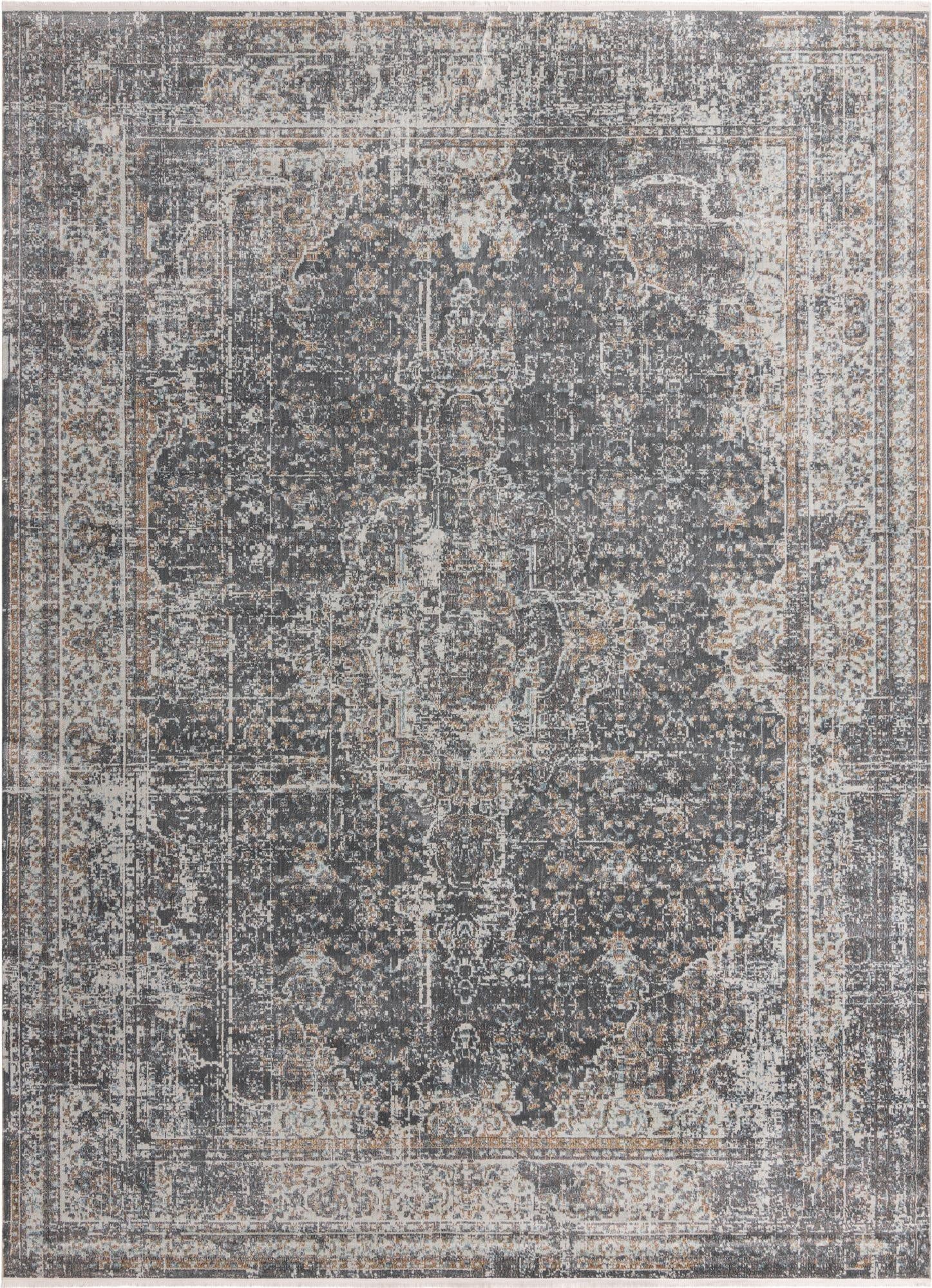 A 10x13 rectangular gray and silver eclectic medallion rug with a distressed vintage pattern, suitable for a living room.