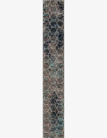 2' 7 x 12' Galloway · Geometric trellis rug, turquoise and brown