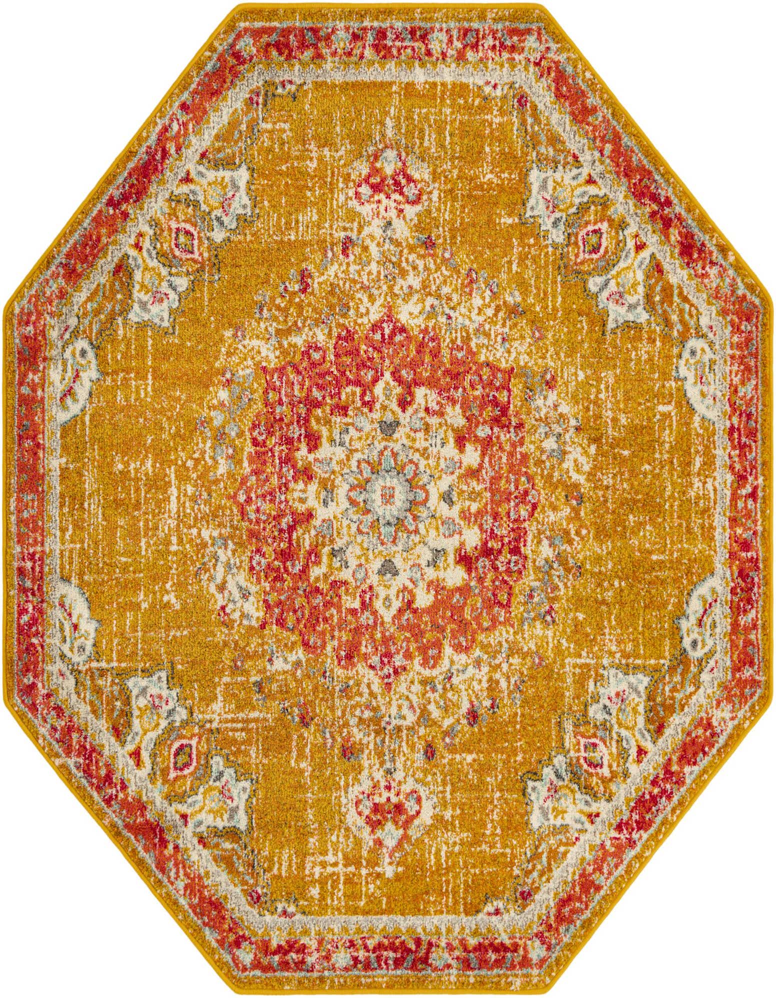 A 6' 0 x 6' 0 octagon yellow area rug with a distressed traditional medallion pattern in reds, golds, and creams.