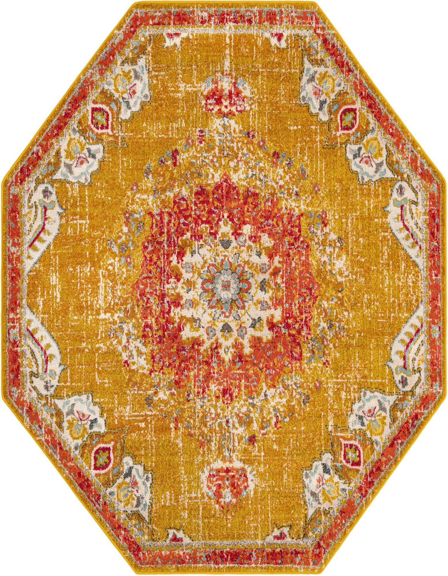 7' 10 x 7' 10 Octagon Madeline rug by Rugs.com, featuring a distressed yellow and gold background with a red, blue, and white traditional medallion pattern.