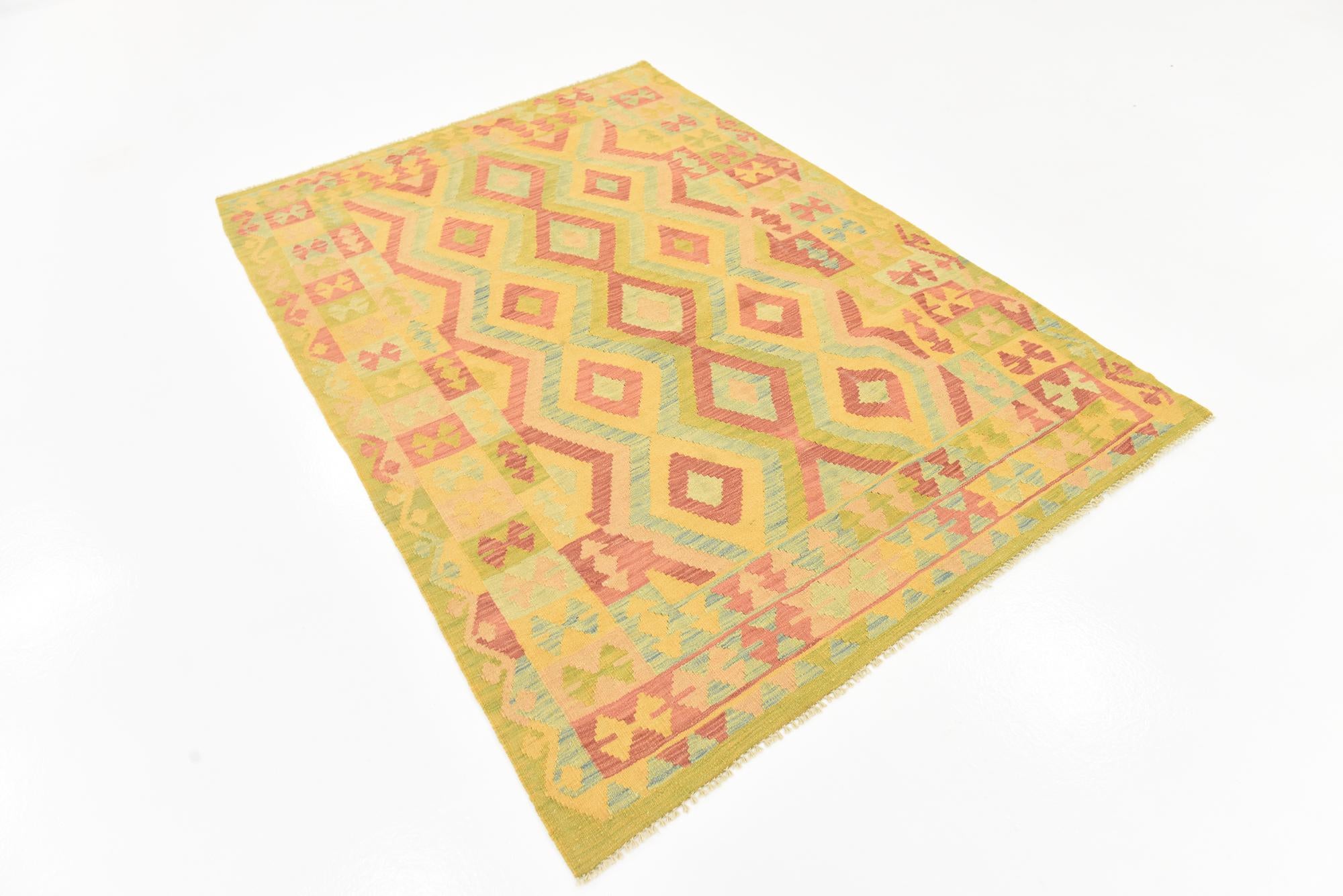 4' 6 x 6' 5 Hand Woven Kilim Waziri Wool Rug