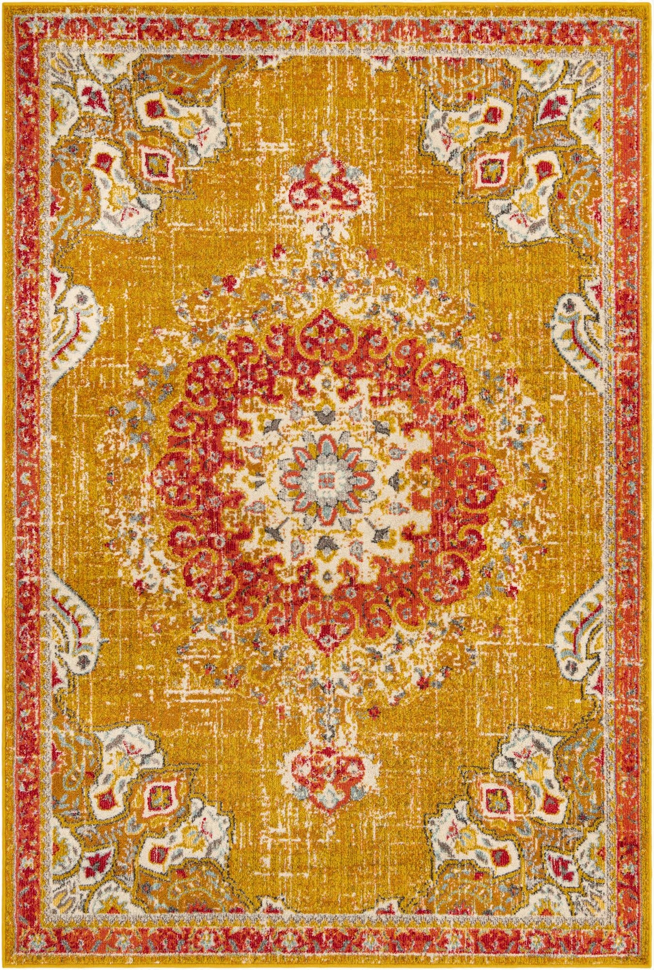 A 6x9 rectangular yellow and gold area rug with a distressed traditional medallion and border pattern in red, cream, and gray.