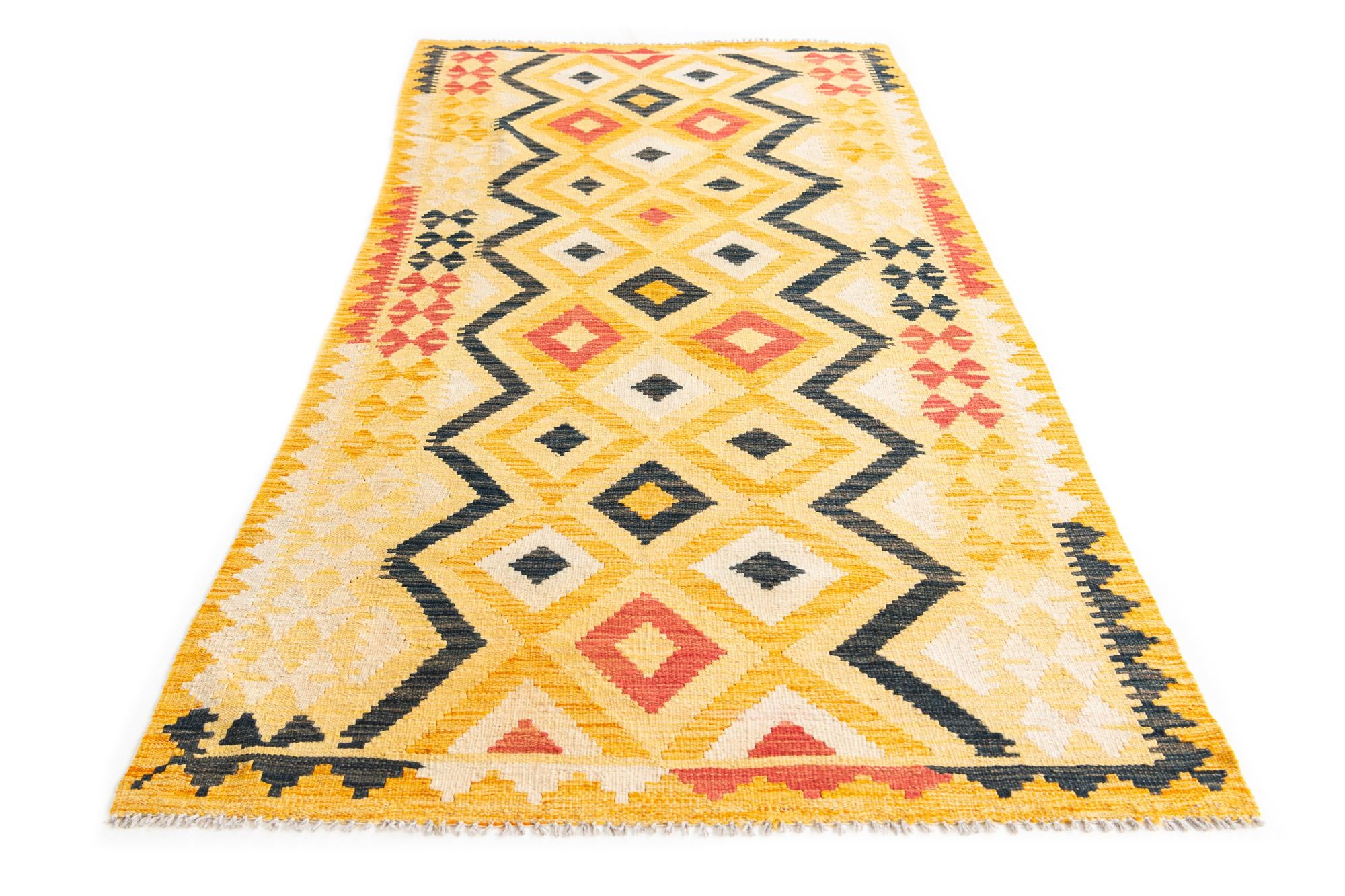 3' 5 x 6' 10 Hand Woven Kilim Maymana Wool Runner Rug