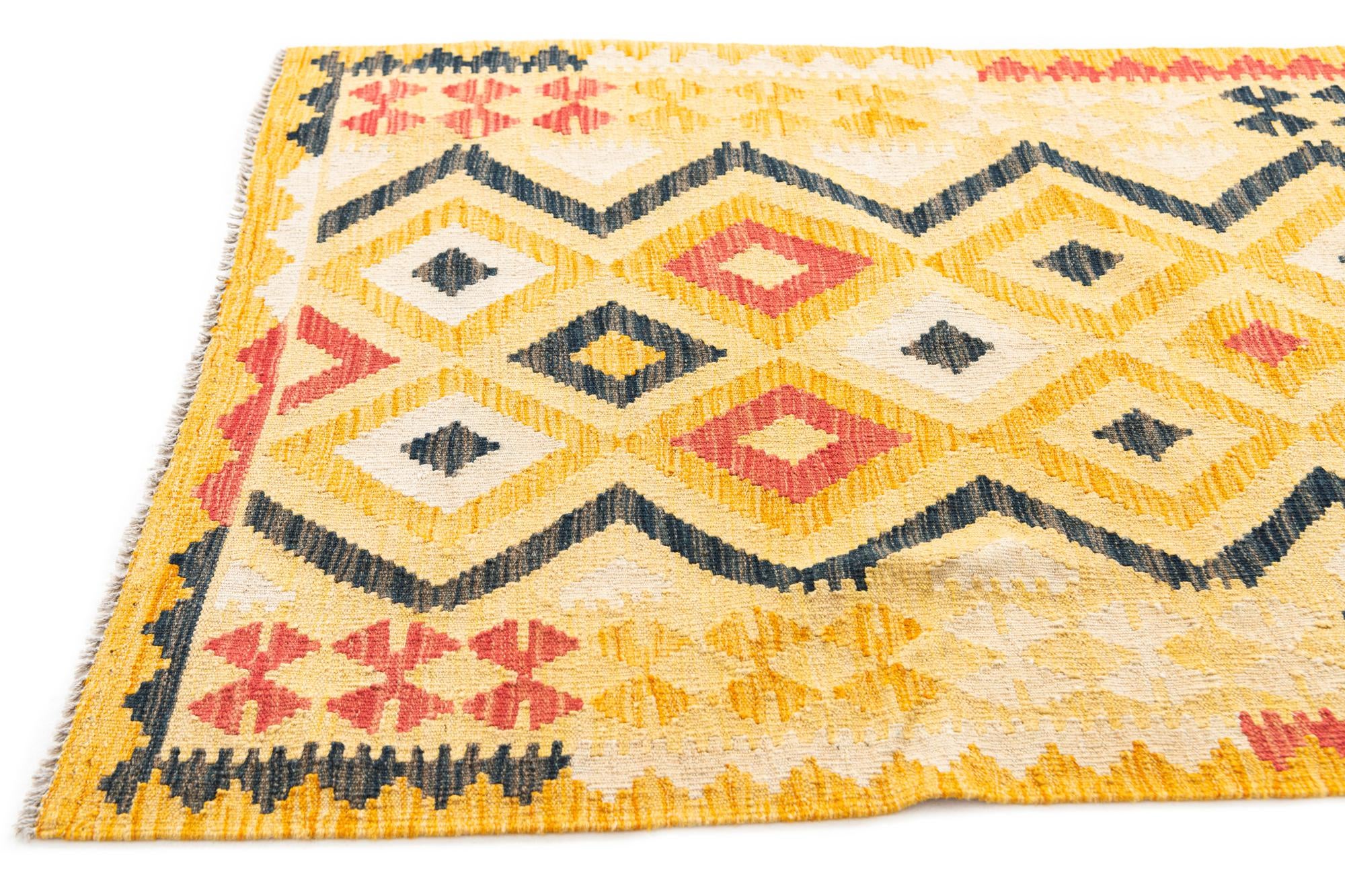 3' 5 x 6' 10 Hand Woven Kilim Maymana Wool Runner Rug