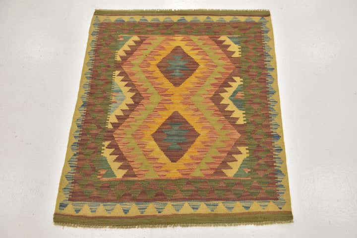 3' 2 x 3' 6 Hand Woven Kilim Maymana Wool Square Rug
