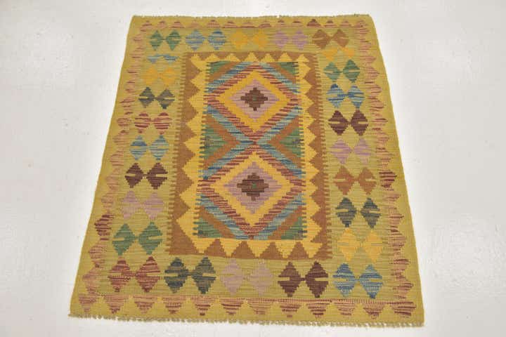 3' 2 x 3' 6 Hand Woven Kilim Maymana Wool Square Rug