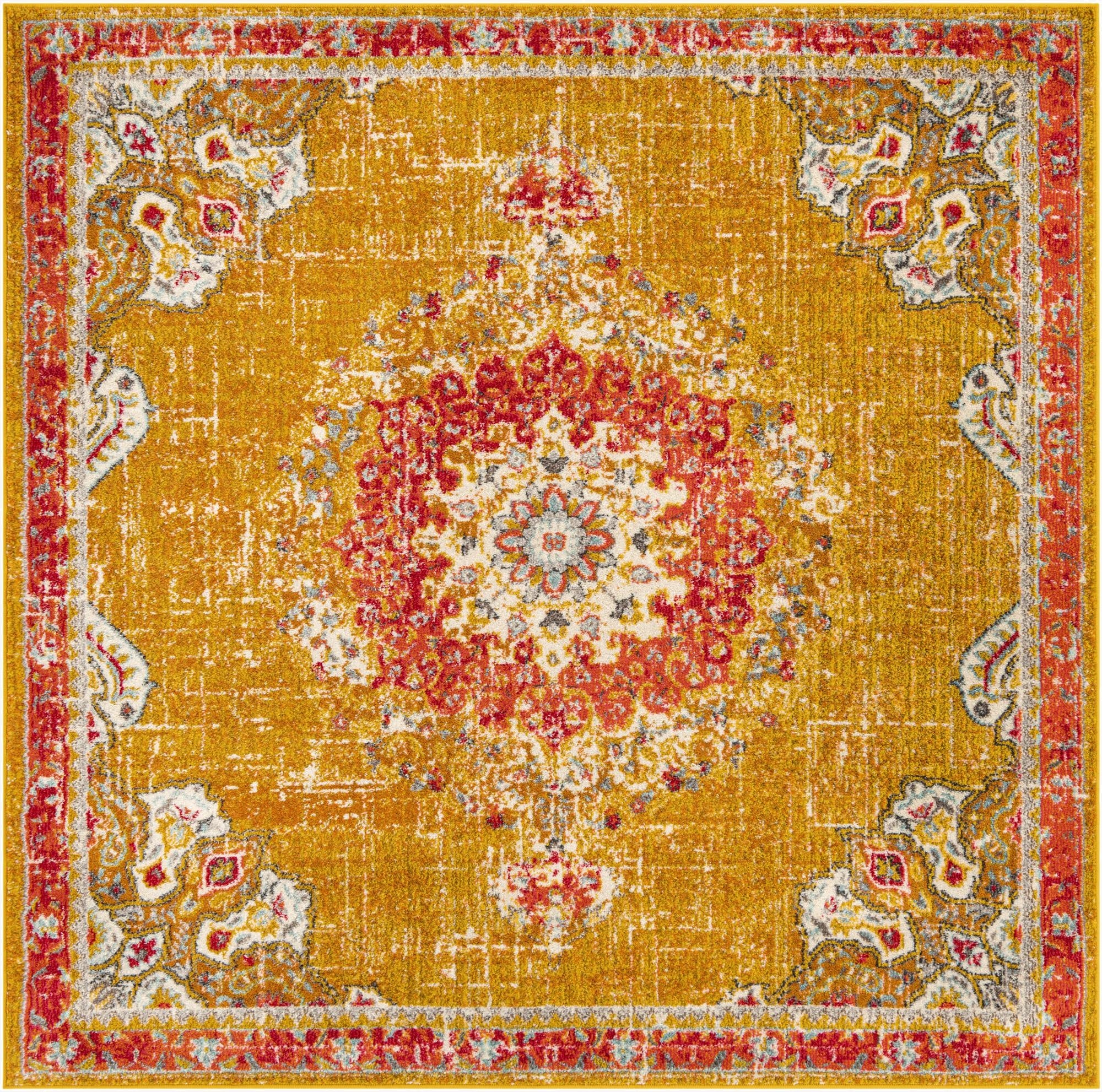 A 7'x7' square yellow rug with a distressed traditional medallion pattern in red, orange, and cream.