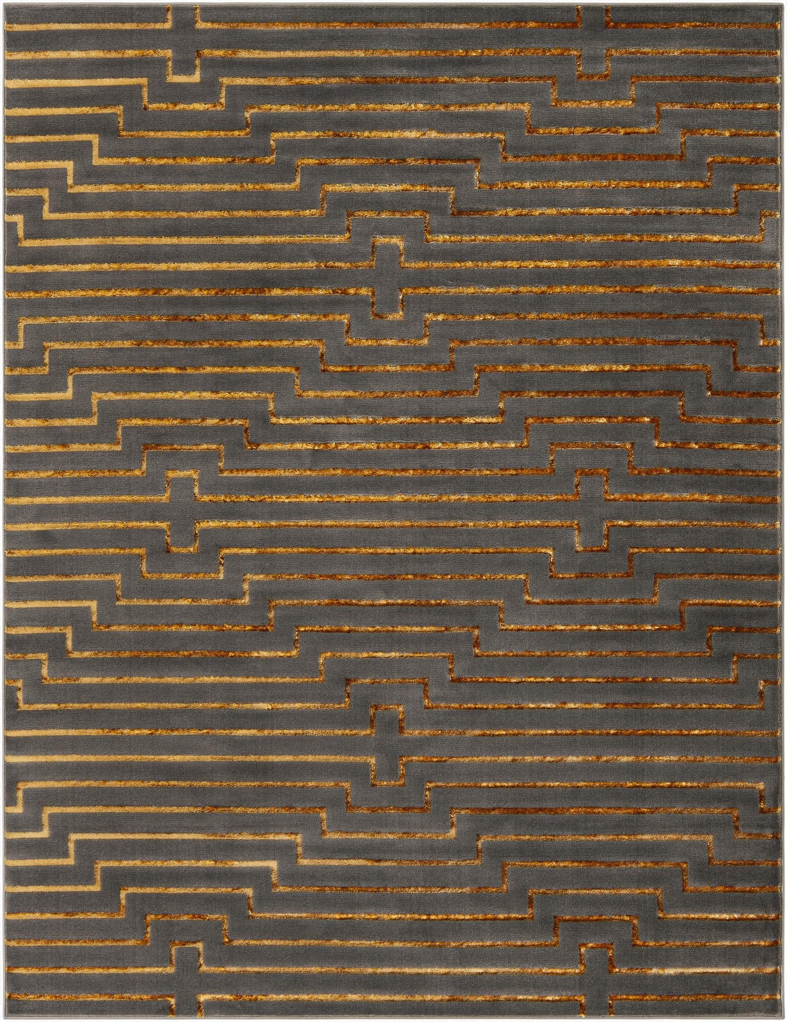A rectangular 8x10 gray and gold area rug with a modern geometric pattern of interlocking lines.