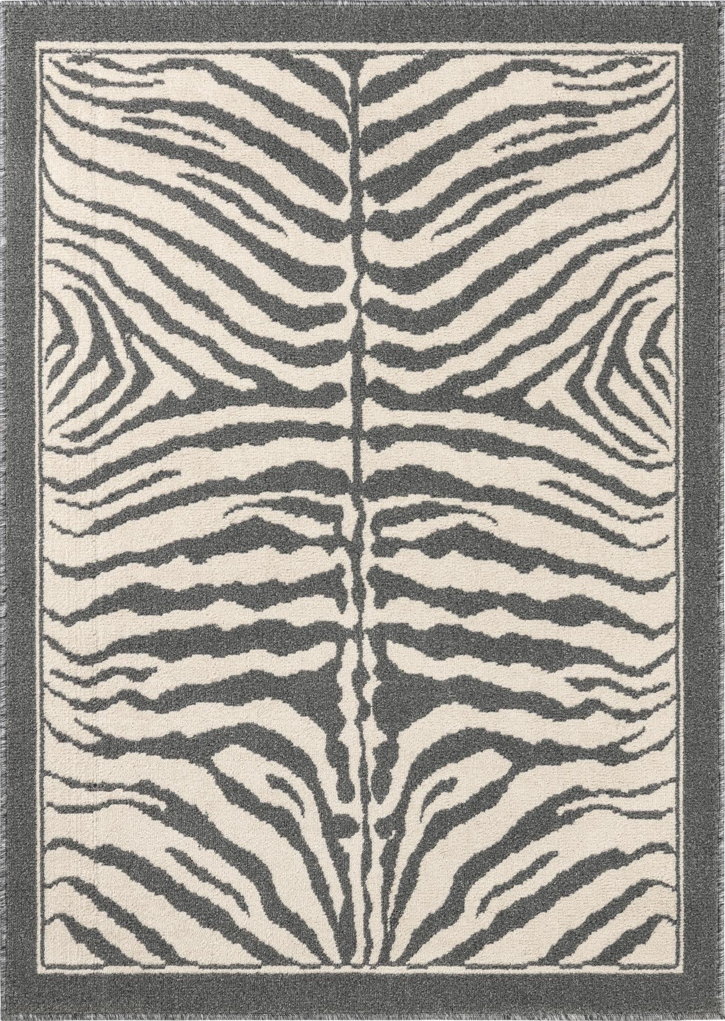 A 4x6 rectangular Rugs.com Savannah rug featuring a modern ivory and gray zebra stripe pattern with a solid gray border.