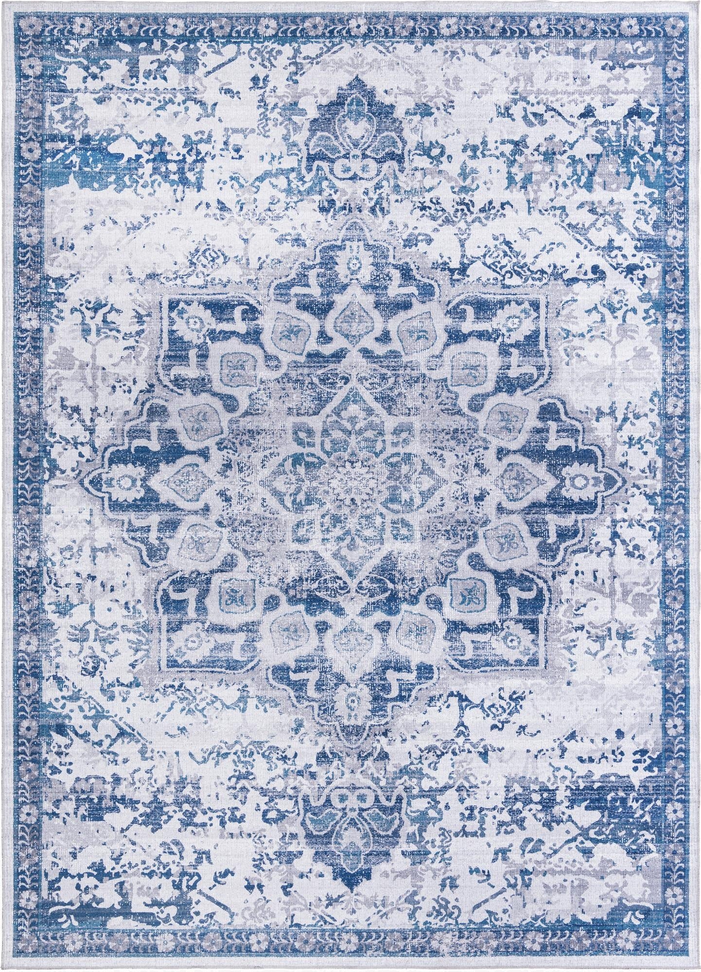 A 10x14 rectangular Francesca collection rug featuring a distressed blue and gray traditional medallion pattern on a white background.