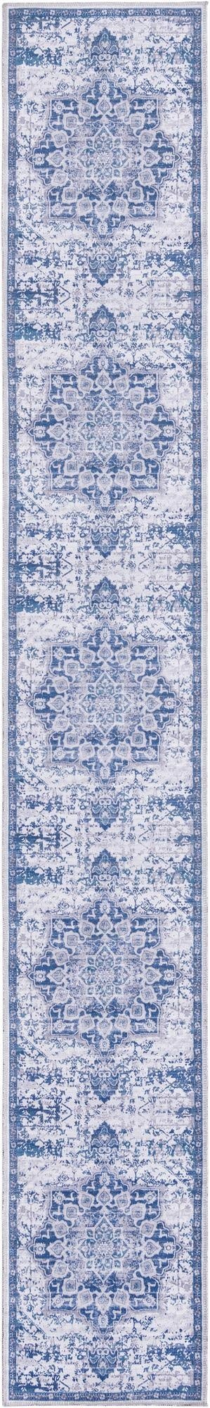 A 13 ft runner rug with a distressed blue and gray traditional medallion pattern, ideal for a hallway.