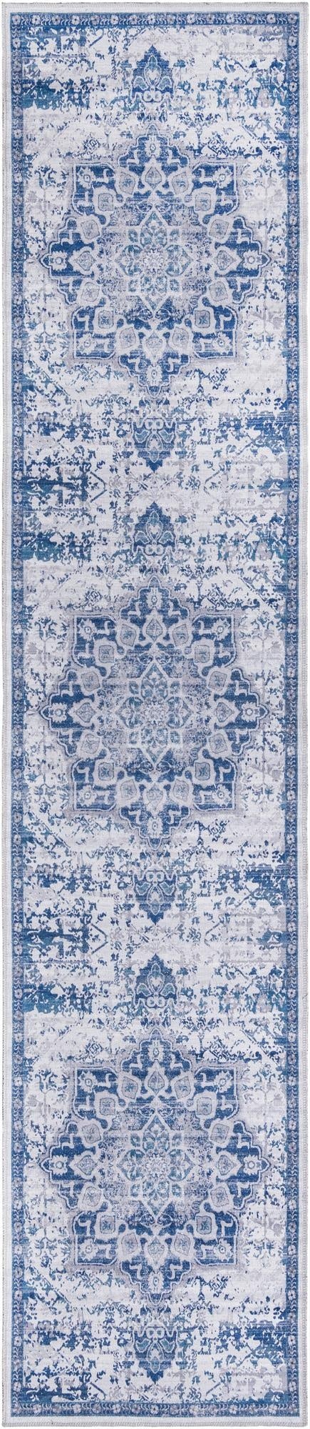 A 12 ft runner rug from the Rugs.com Francesca collection, featuring a distressed blue and gray traditional medallion pattern.
