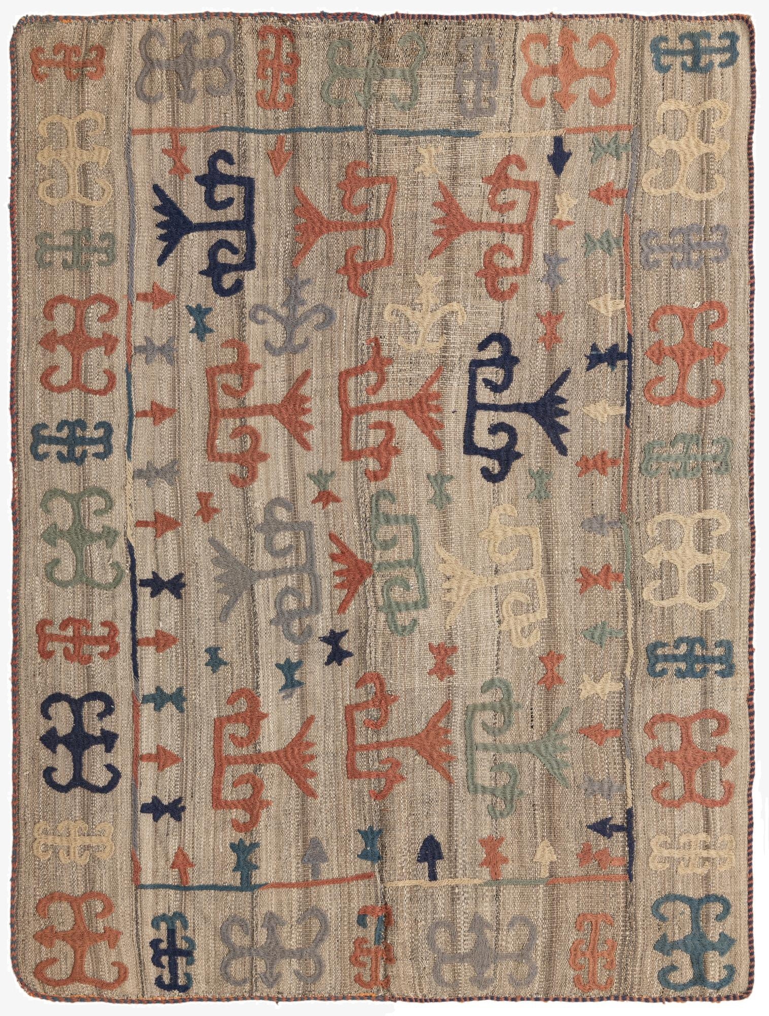 4' 10 x 5' 4  Hand Woven Kilim Suzani Wool Square Rug