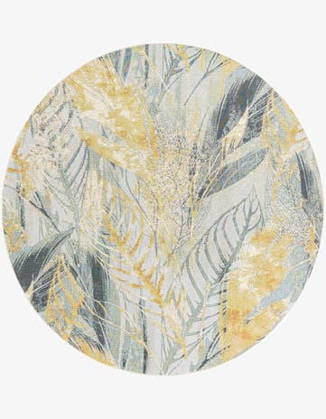 Gray Ivory Yellow Easy-Clean Botanical Indoor / Outdoor Round Rug