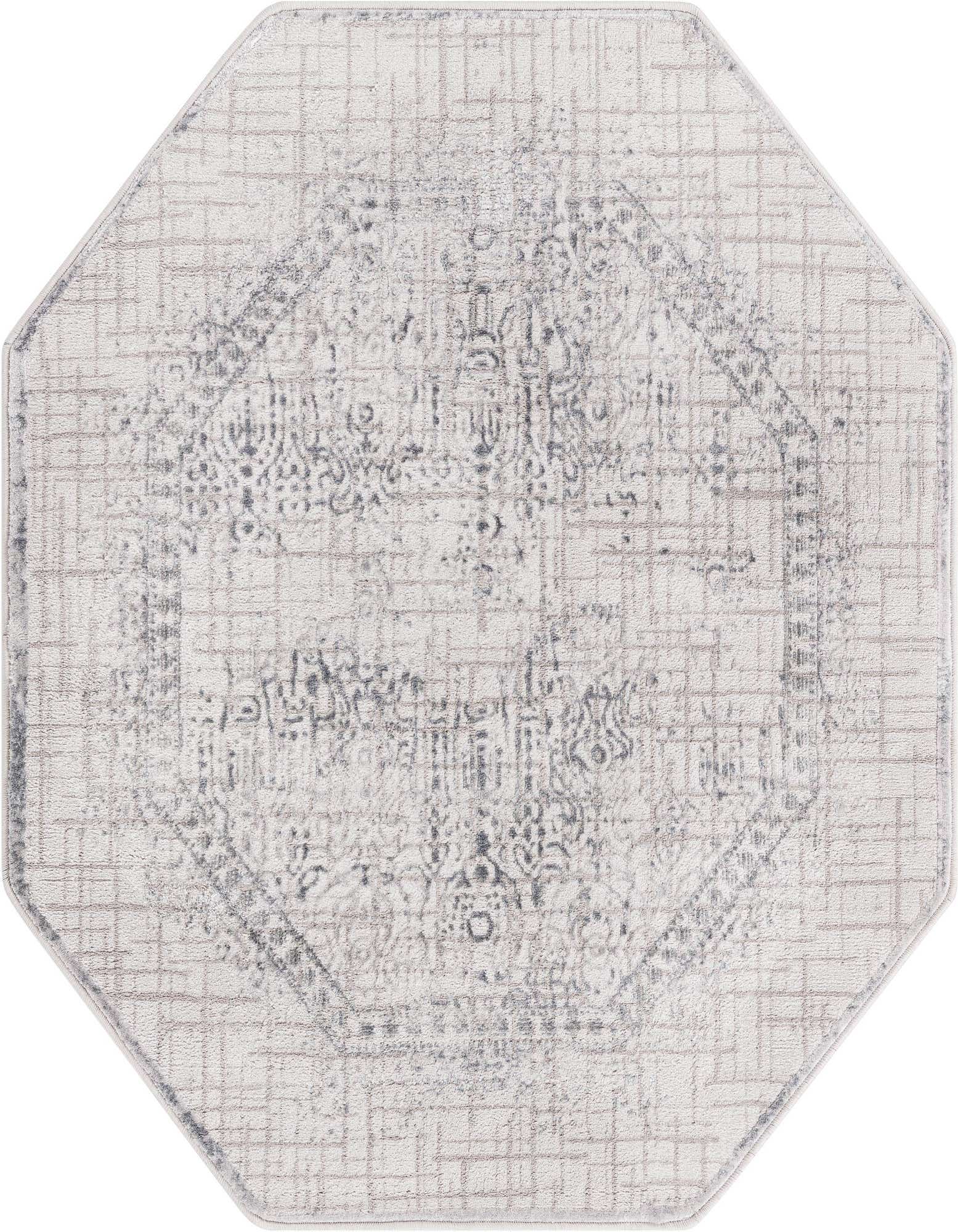 An octagon-shaped gray and silver transitional rug with a distressed medallion pattern, featuring a textured high-low pile.