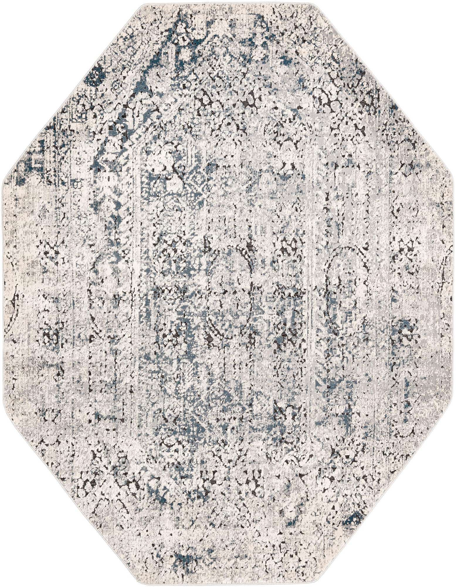 An octagon-shaped gray and silver area rug with a distressed traditional medallion pattern, suitable for various indoor rooms.