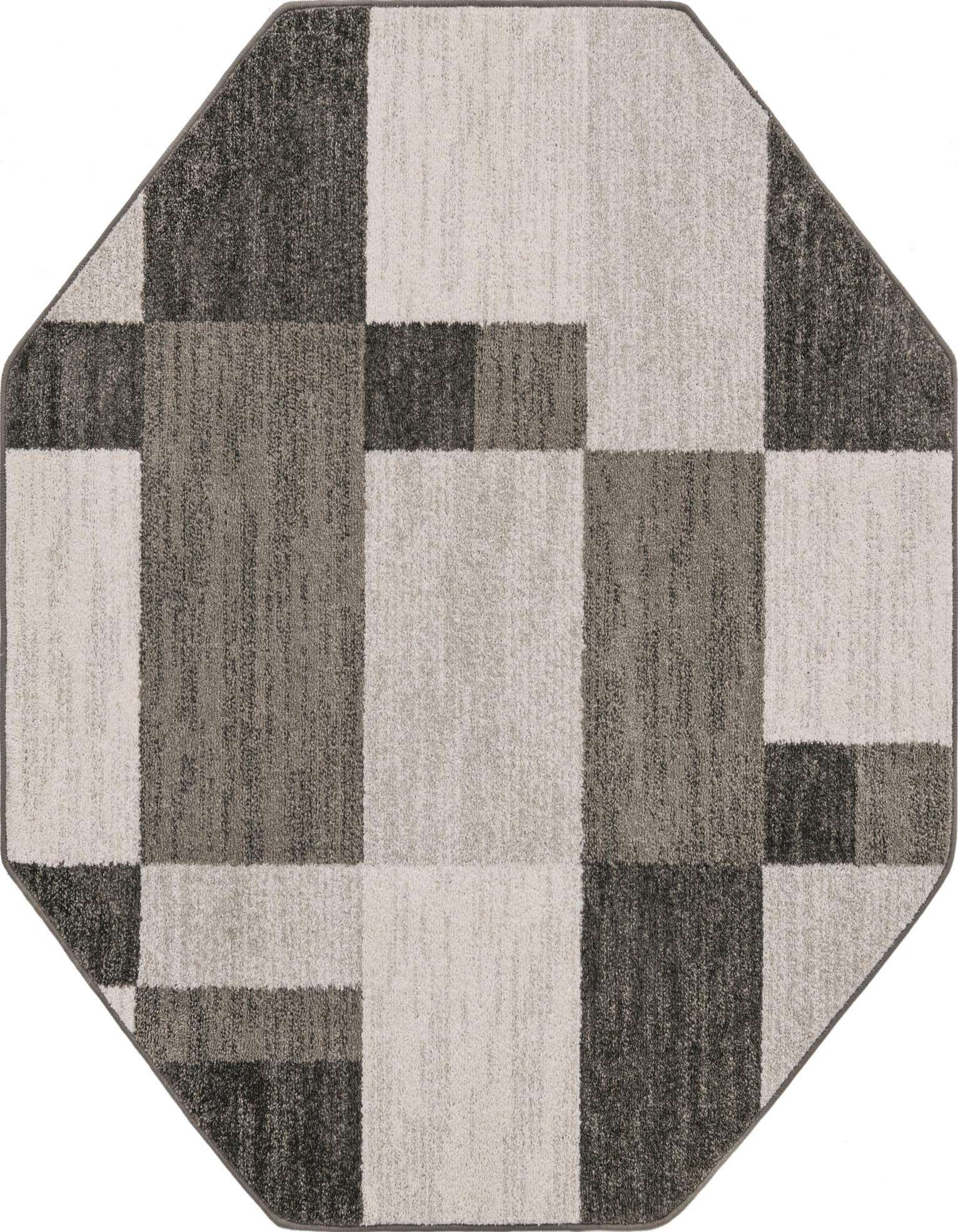 Octagon-shaped gray and silver modern area rug with a geometric block pattern, perfect for an indoor living space.