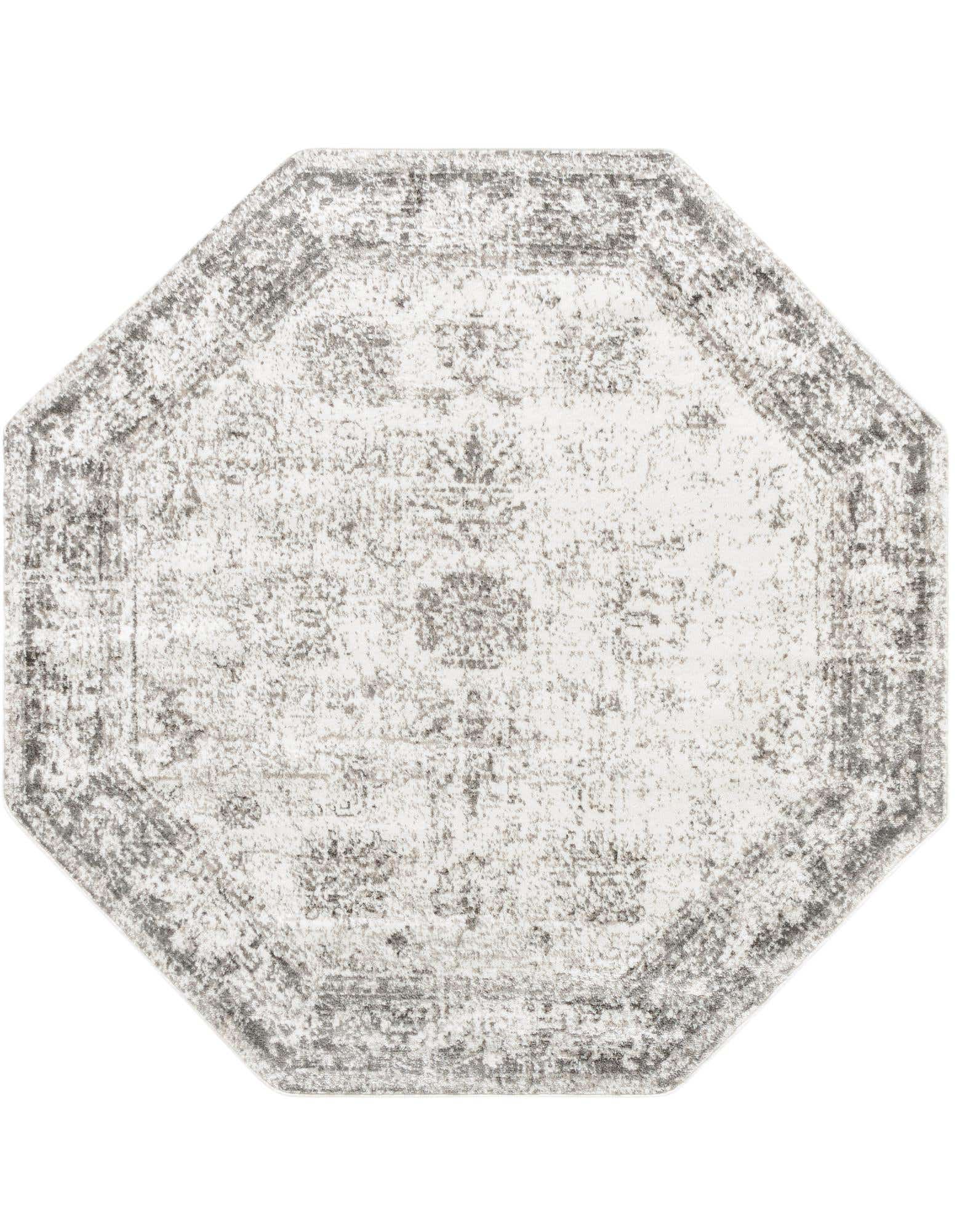 Octagon 6' x 6' gray and silver Bohemian medallion rug with a distressed traditional pattern.